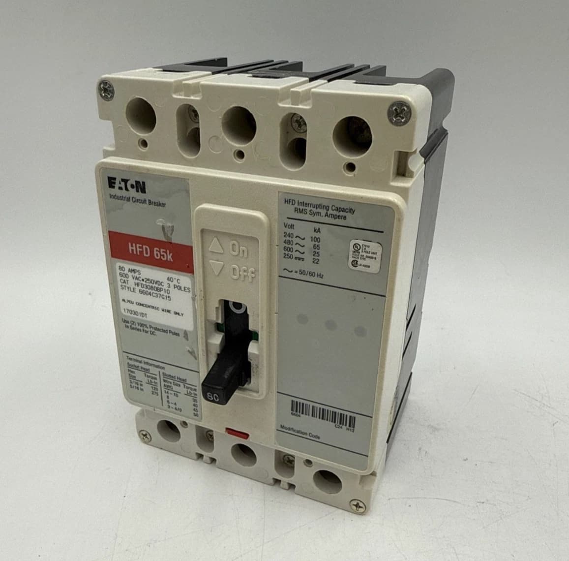 Eaton HFD3080BP10 Circuit Breaker 80A 3P 600V 3PH HFD 65k 80 Amp 3 Pole – image 1