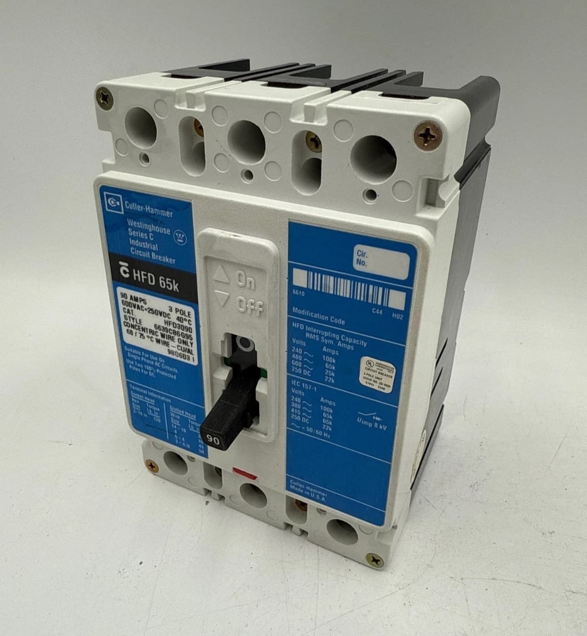 Cutler Hammer HFD3090 Circuit Breaker 90A 600V 3P HFD 65k 90 Amp 3 Pole Used