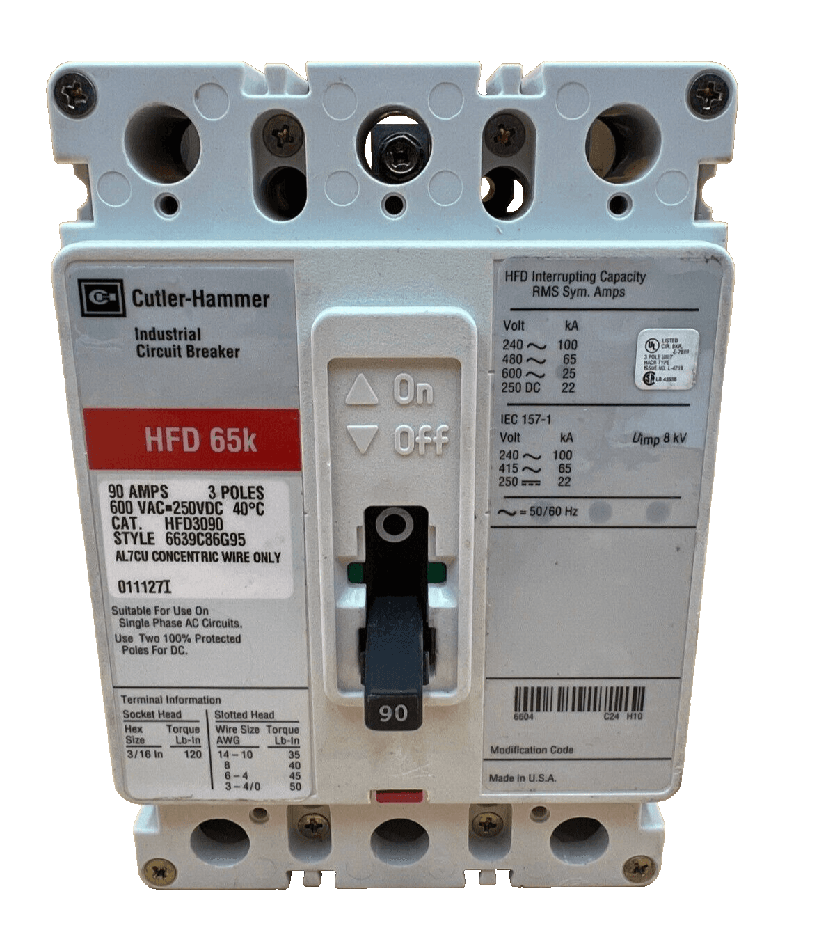 Cuttler Hammer Eaton HFD3090 Circuit Breaker 90A 600V 3P Bolt On – image 1