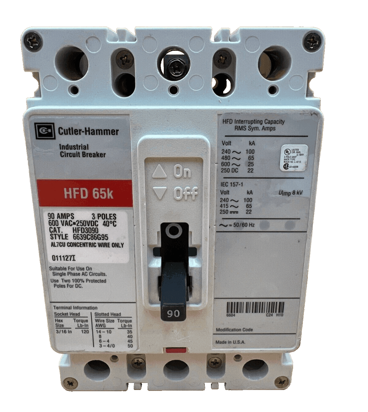Cuttler Hammer Eaton HFD3090 Circuit Breaker 90A 600V 3P Bolt On
