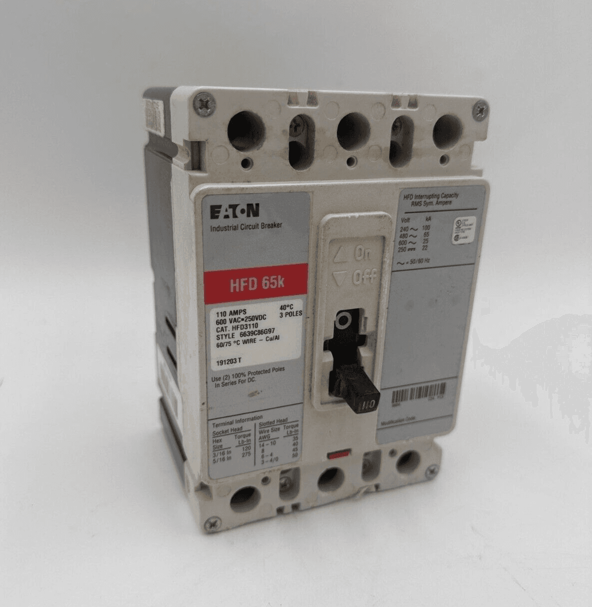 Eaton HFD3110 Circuit Breaker 110A 3P 600V 3PH HFD 65k 110 Amp 3 Pole – image 1