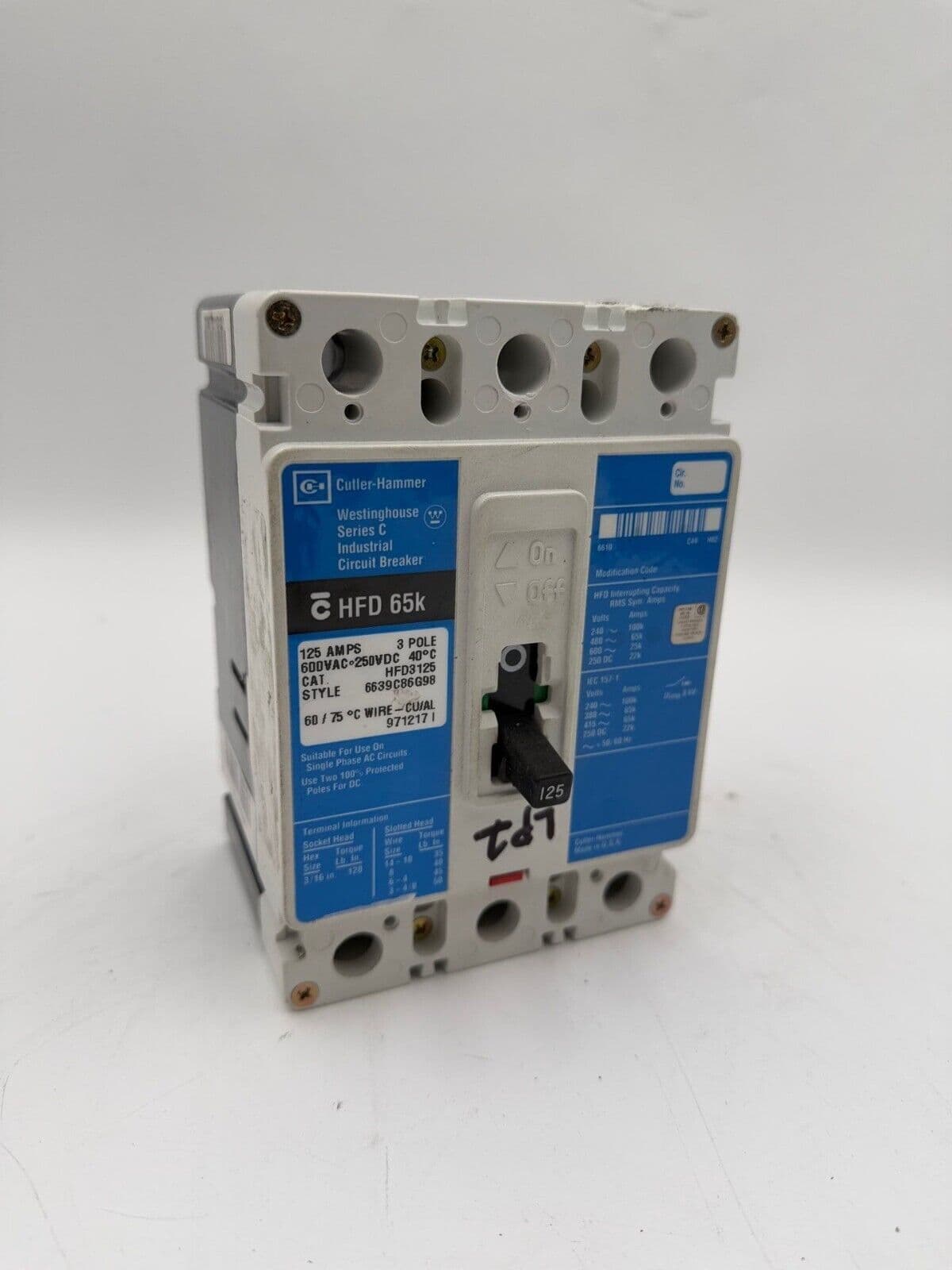Cutler Hammer HFD3125 Circuit Breaker 125A 3P 600V HFD 65k 125 Amp 3 Pole – image 1