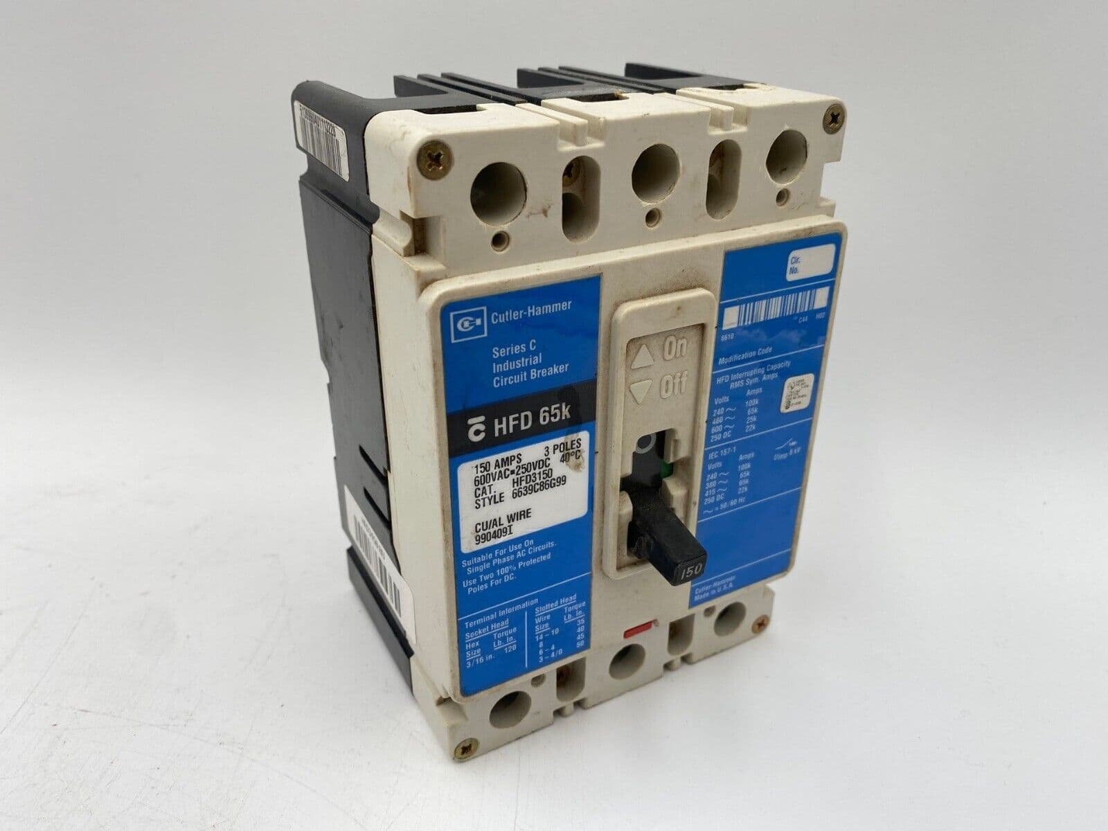 Eaton HFD3150 Circuit Breaker 150A 3P 600V 3PH HFD Bolt On 150 Amp 3 Pole