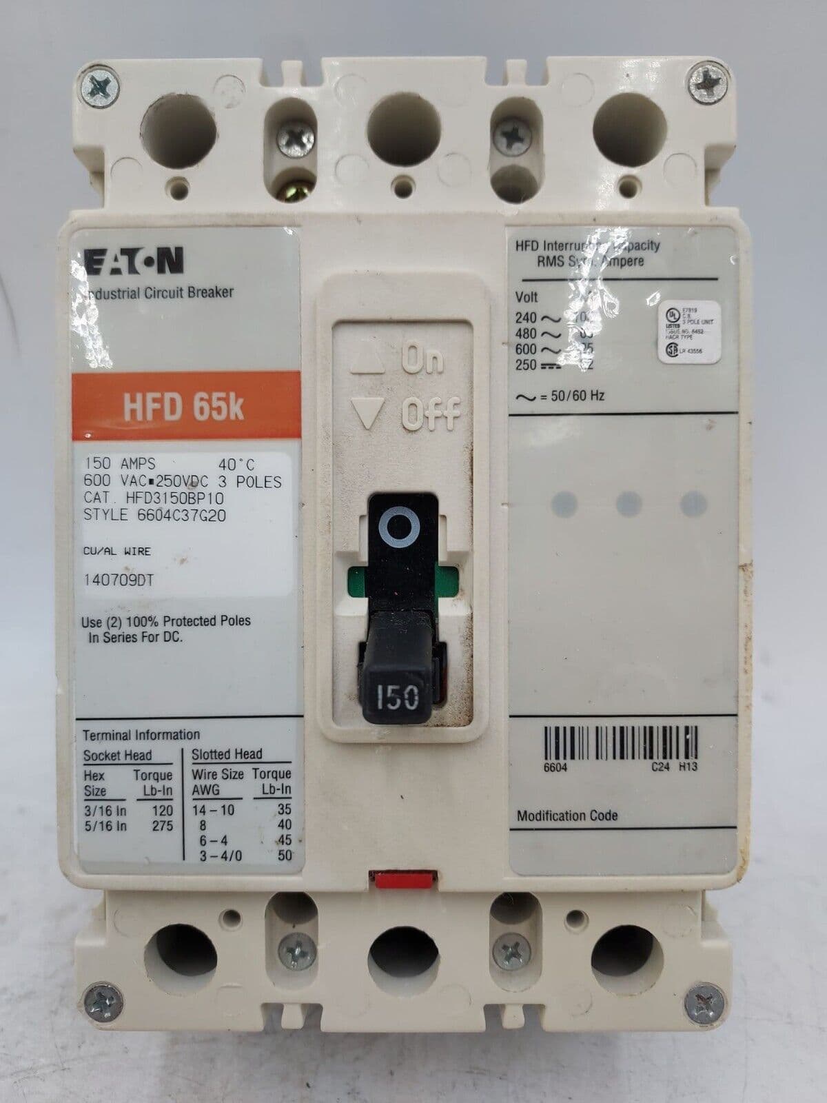 Eaton HFD3150BP10 Circuit Breaker 150A 600V 150 Amp 65k 3 POLES BOLT ON – image 1