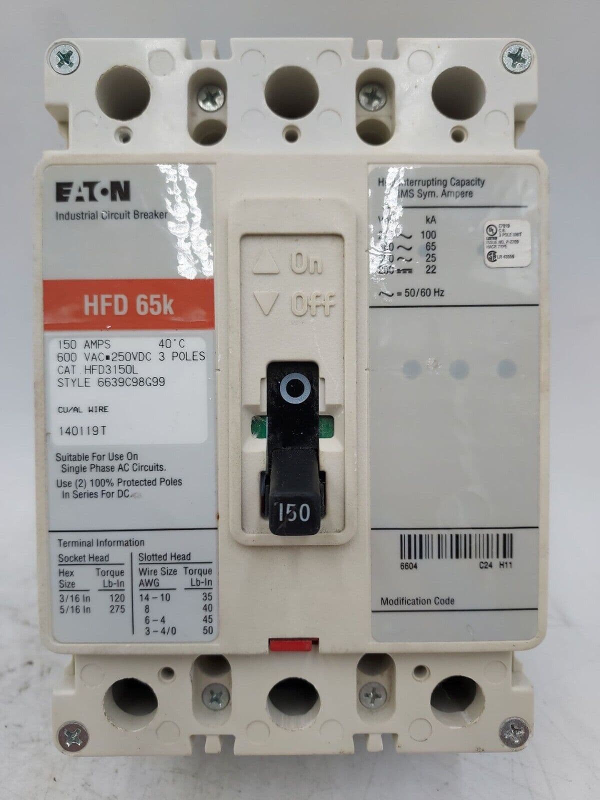 EATON HFD3150L Circuit Breaker 150A 3P 600V HFD 150 Amp 3 POLES BOLT ON – image 1