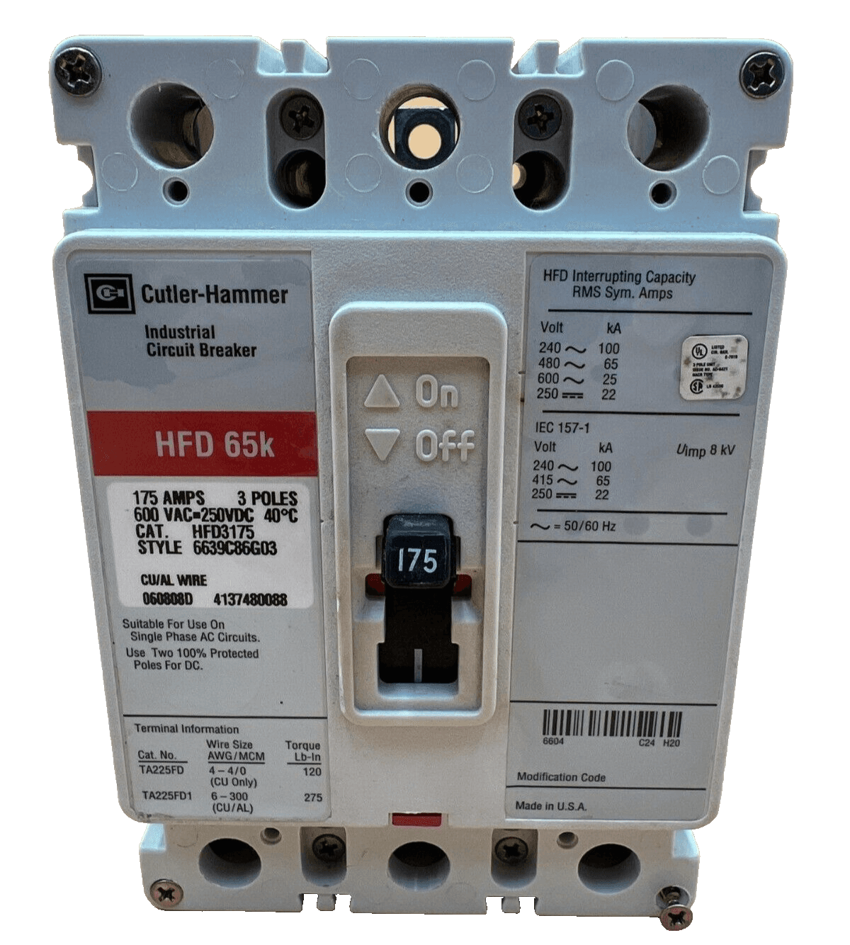 Cutler Hammer HFD3175 Circuit Breaker 175A 3P 600V 3PH Bolt On 175 Amp 3 Pole – image 1