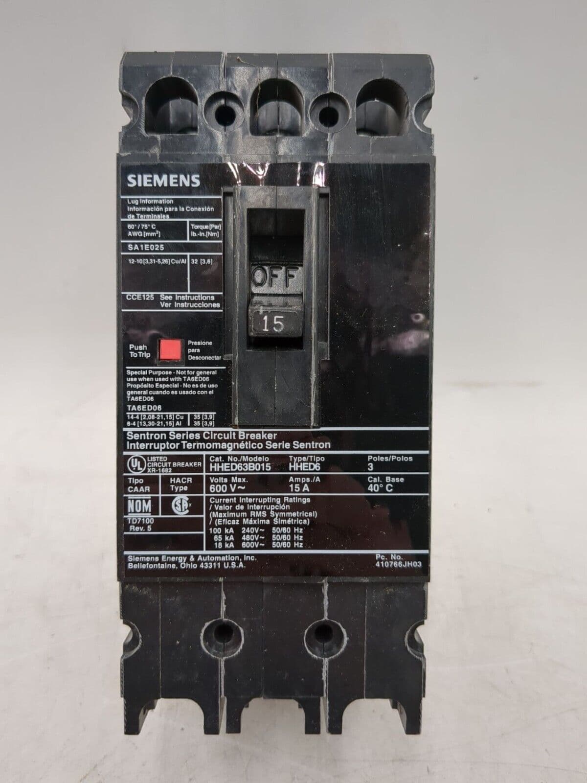 Siemens HHED63B015 Circuit Breaker — image 1 of 6