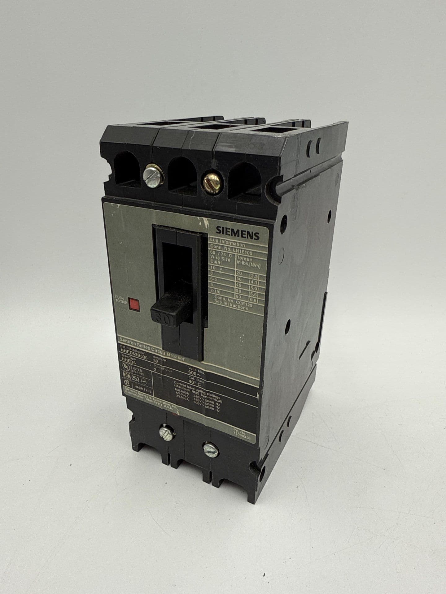 Siemens HHED63B030 Bolt On Circuit Breaker 30A 3P 600V 30 Amp 3 Pole HHED6