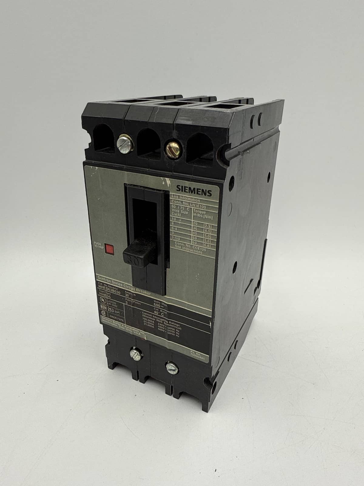 Siemens HHED63B030 Bolt On Circuit Breaker 30A 3P 600V 30 Amp 3 Pole HHED6