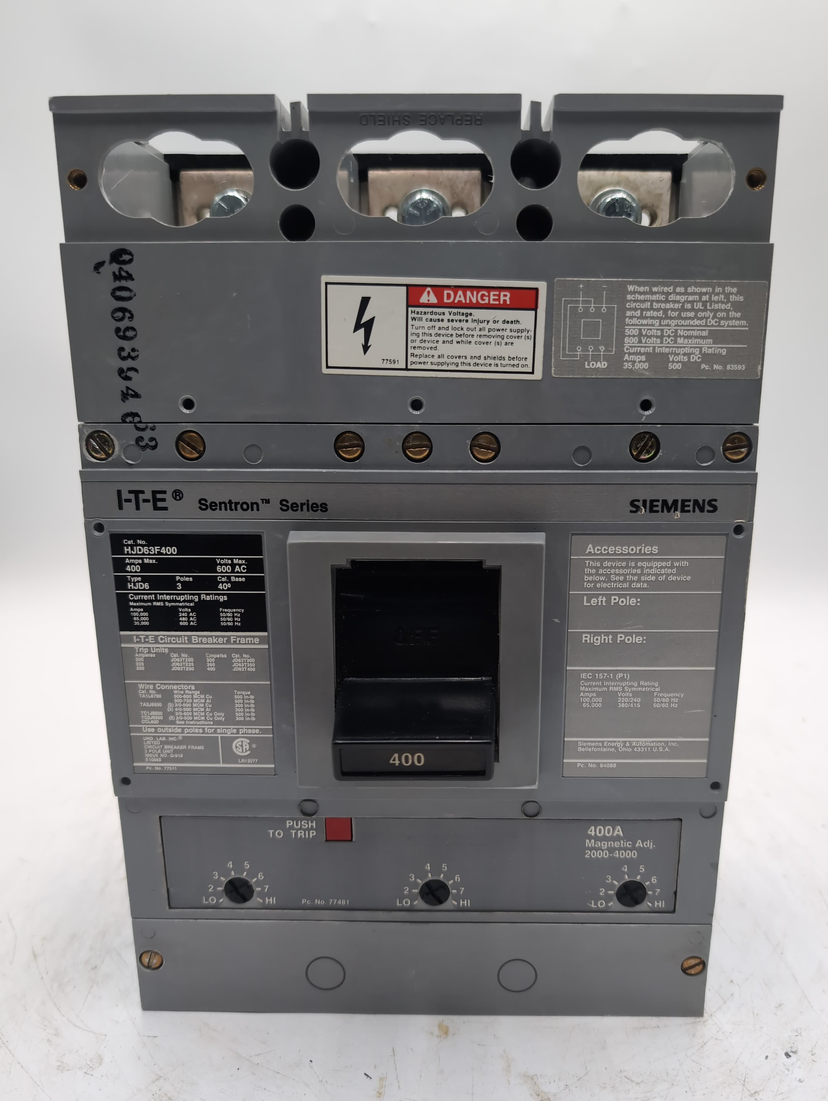 Siemens HJD63B400 / HJD63F400 Sentron Series 400A 600V 3-Pole Breaker 65kA