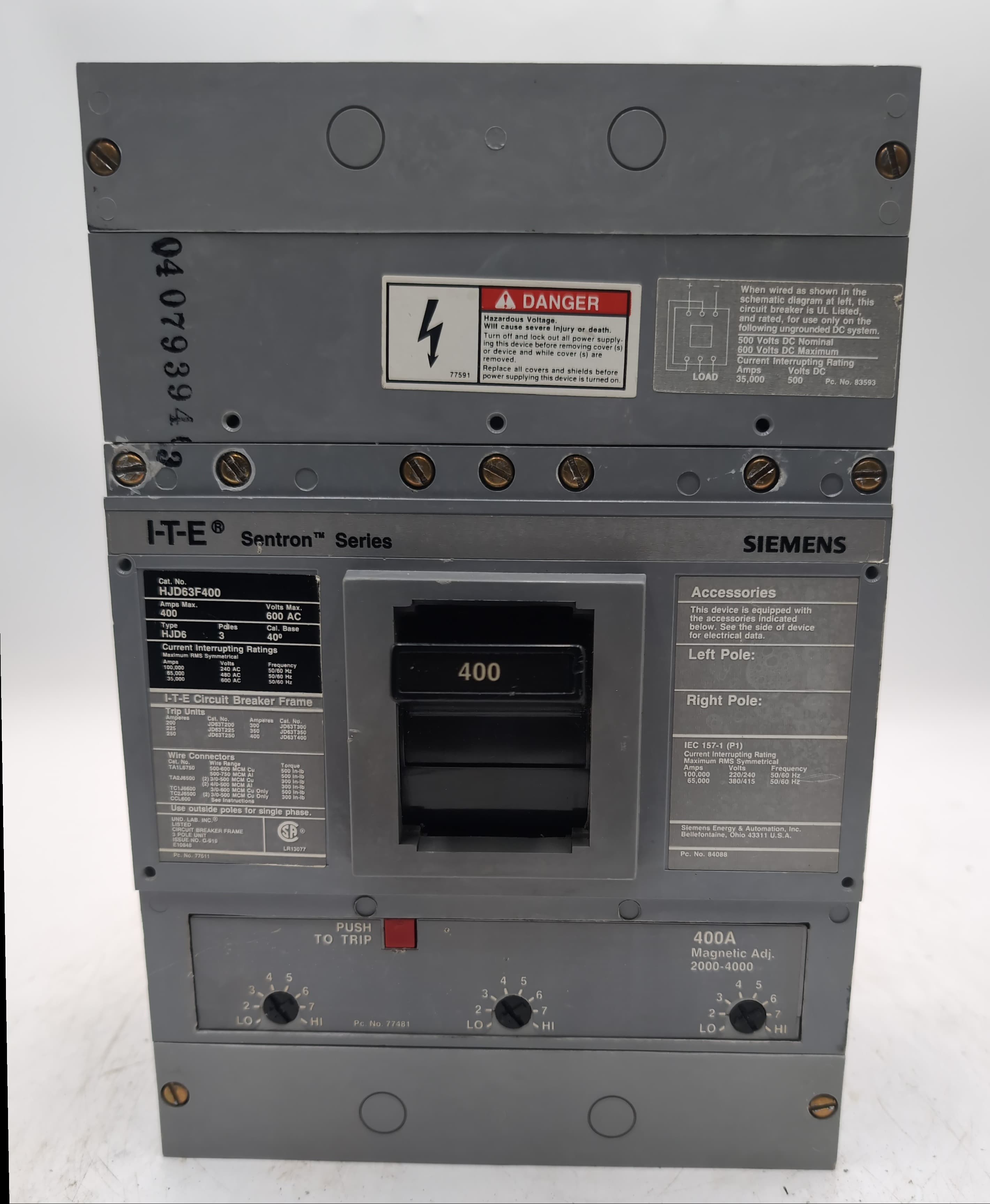 Siemens HJD63B400 / HJD63F400 Sentron Series 400A 600V 3-Pole Breaker 65kA