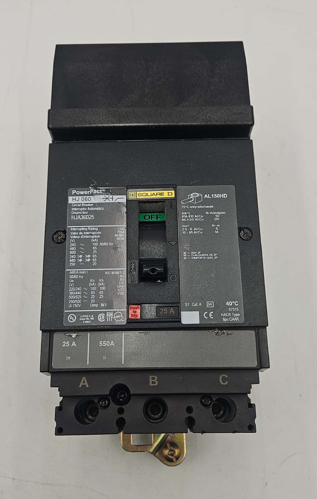 Square D HJA36025 PowerPacT H-Frame Circuit Breaker 3P 25A 600V I-Line HJA USED