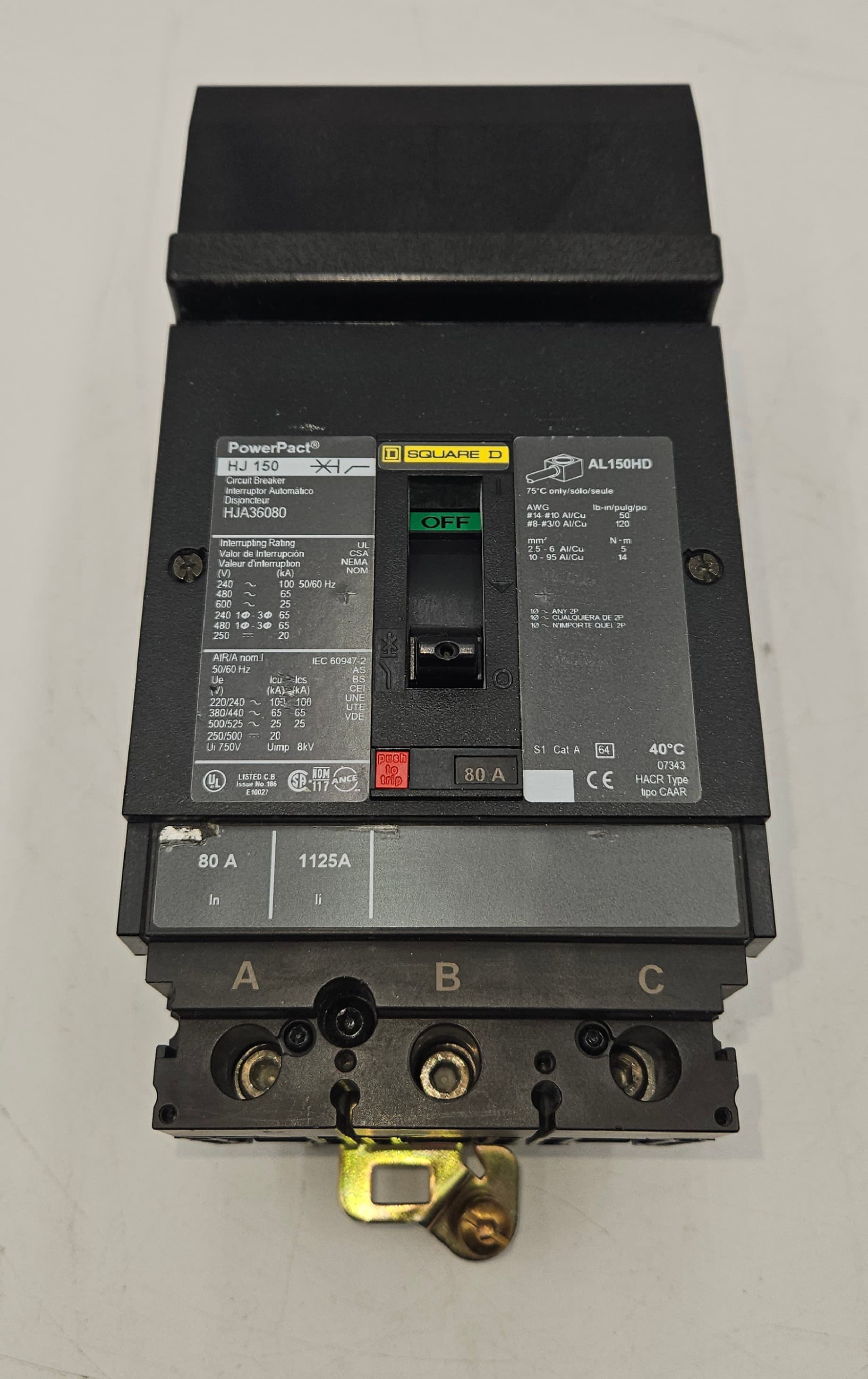 Square D HJA36080 PowerPacT 80A 3-Pole 600V I-Line Circuit Breaker USED