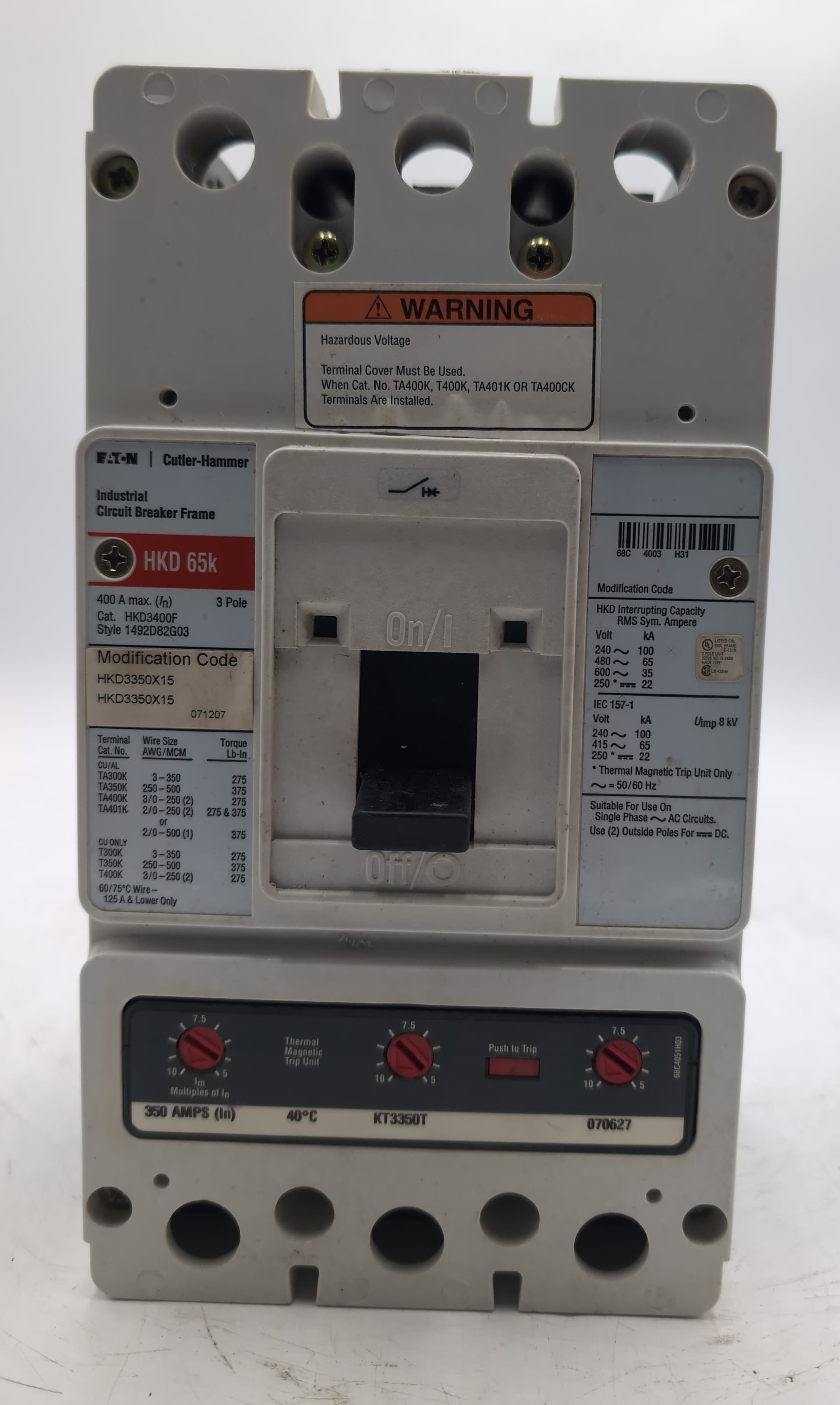 Eaton HKD3350X15 350A 3P 600V K-Frame Circuit Breaker Series C HKD3400F Used