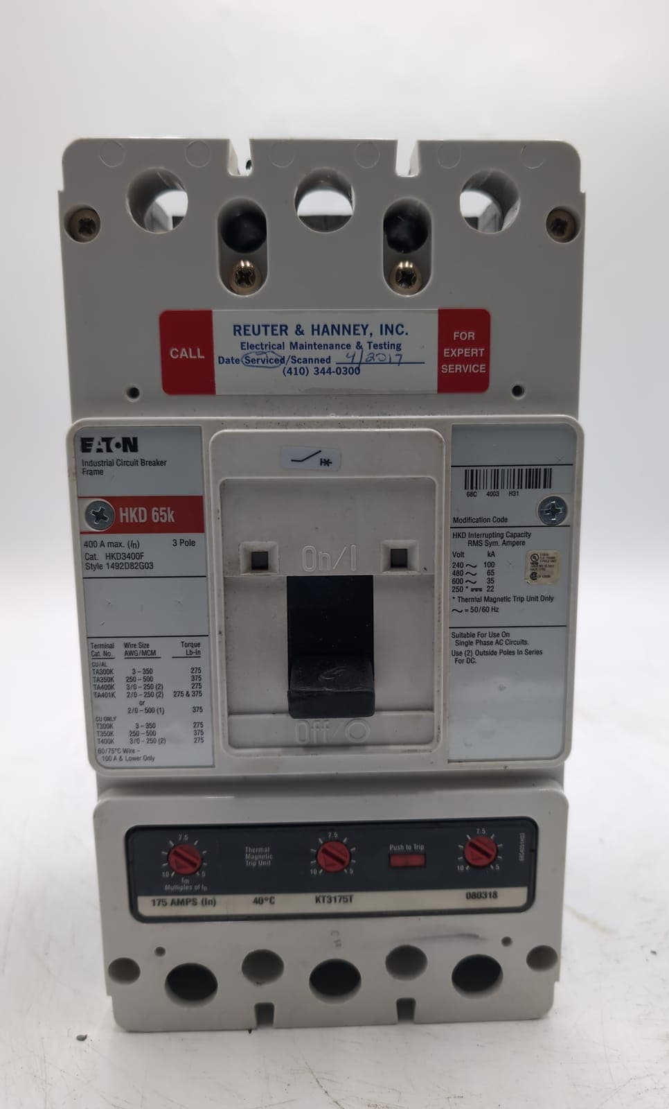 Eaton HKD3400F 400A Frame w/ KT3175T 175A Trip Unit 3P 600V HKD 65k - Used