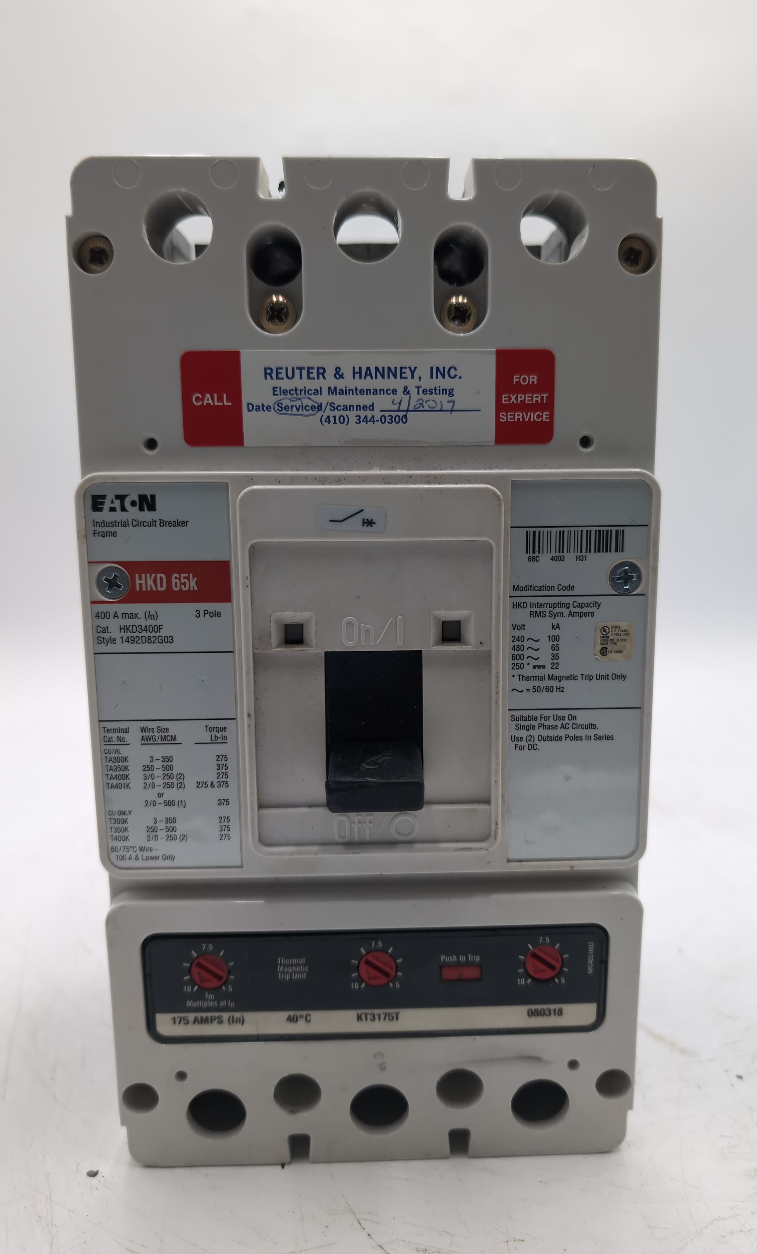 Eaton HKD3400F 400A Frame w/ KT3175T 175A Trip Unit 3P 600V HKD 65k - Used