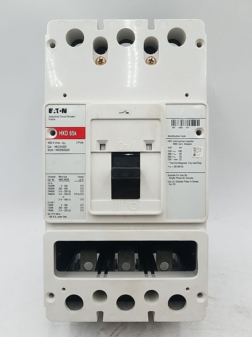 Eaton HKD3400F Circuit Breaker Frame 400A 3P 600V HKD 65k 400 Amp 3 Pole – image 1