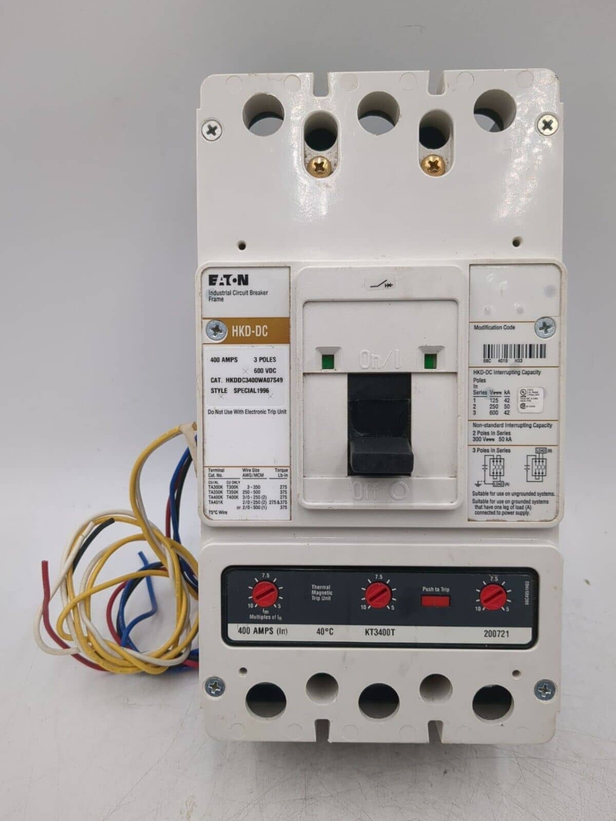 Eaton HKDDC3400WA07S49 Circuit Breaker 400A 3P 600V HKD-DC 400 Amp 3 Pole