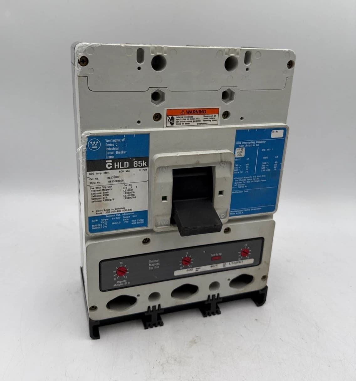 Westinghouse HLD3600 Circuit Breaker 600A 3P 600V 3PH HLD 65k 600 Amp LT3600T – image 1