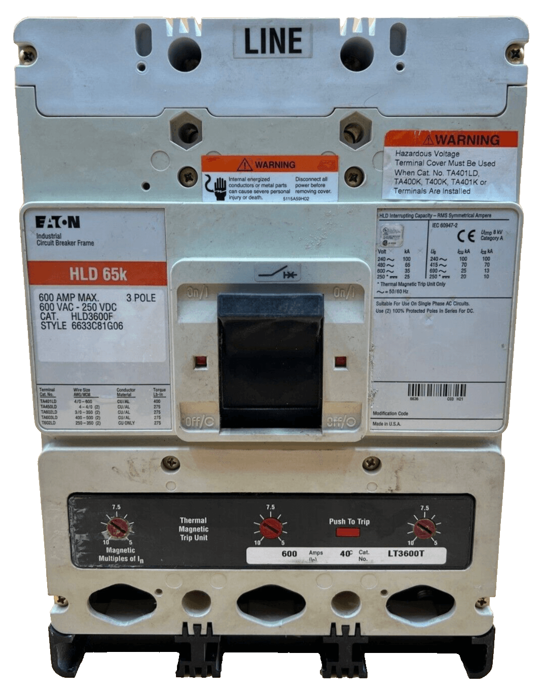 Eaton HLD3600F Circuit Breaker 600A 3P 600V 3PH HLD 65k 600 Amp 3 Pole – image 1