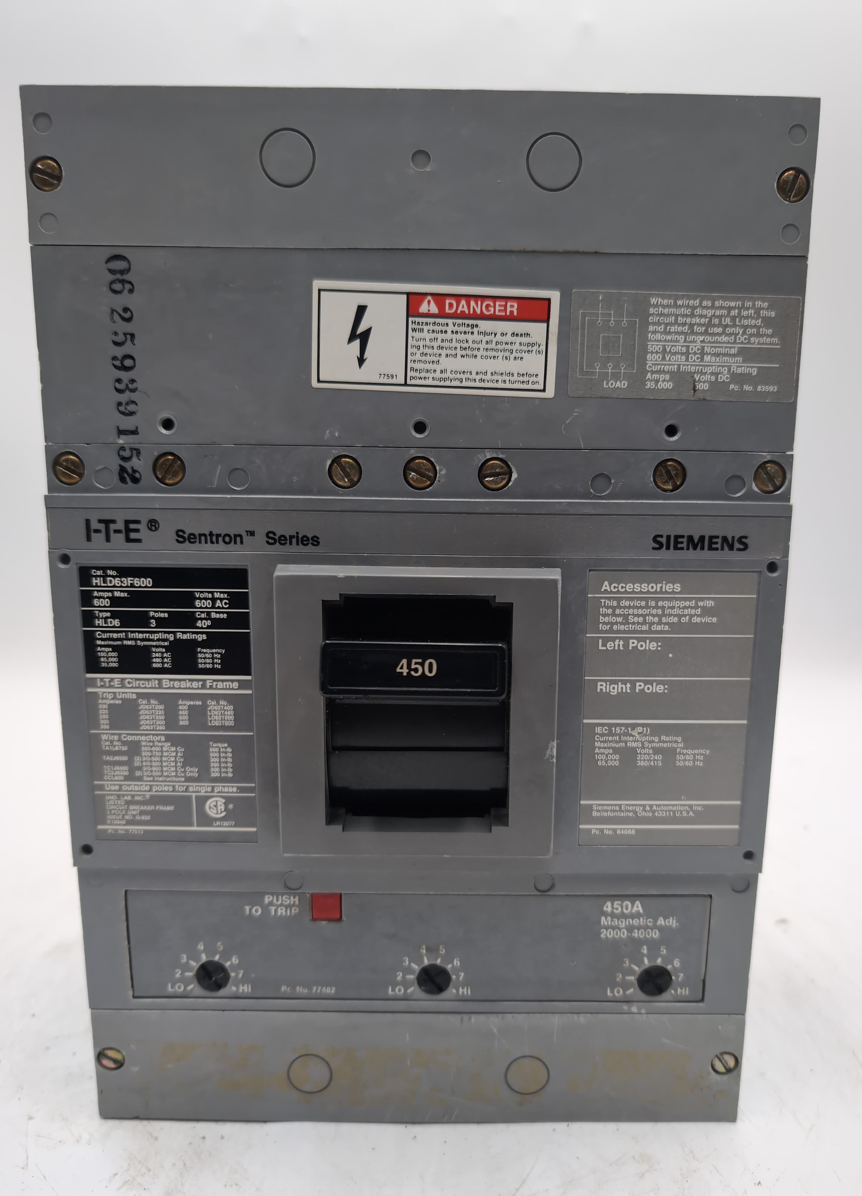 Siemens HLD63B450 / HLD63F600 Sentron Series 450A 600V 3-Pole Breaker 65kA used