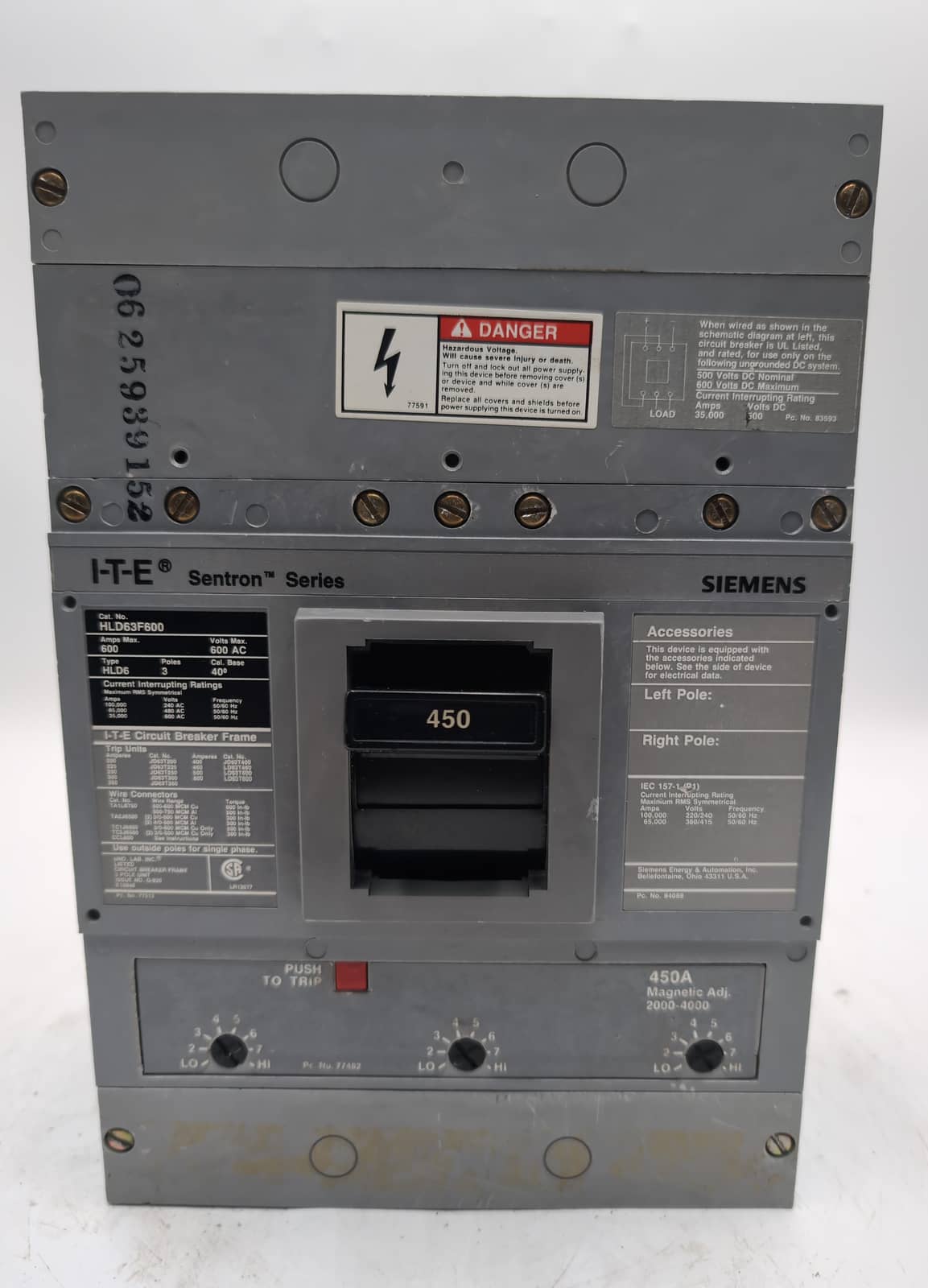 Siemens HLD63B450 / HLD63F600 Sentron Series 450A 600V 3-Pole Breaker 65kA used