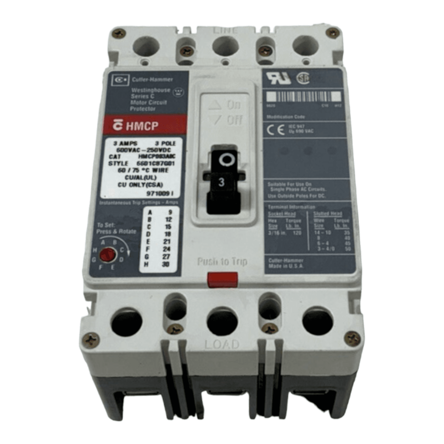 Cutler Hammer HMCP003A0C Circuit Breaker 3A 3P 600V HMCP 3 Pole 3 Amp – image 1