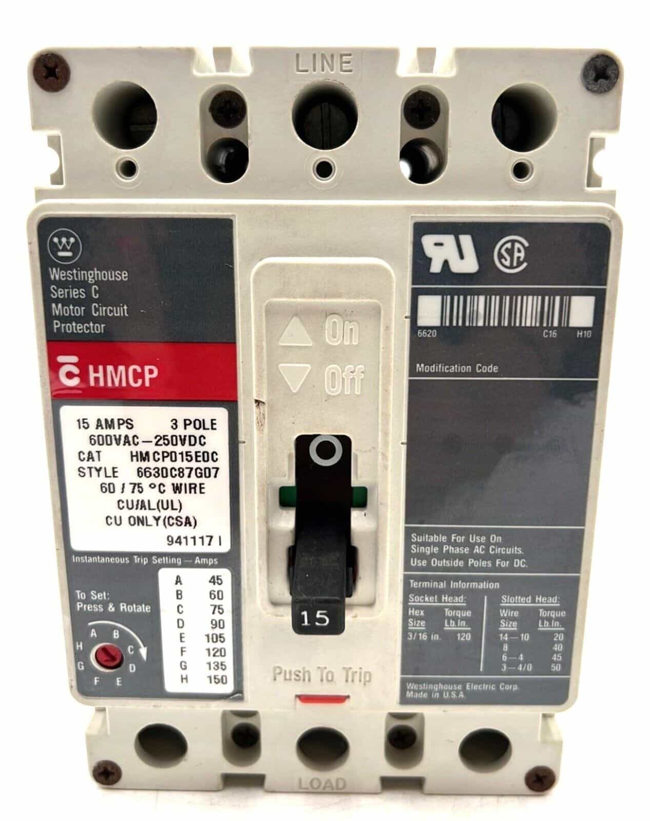 Westinghouse HMCP015E0C Circuit Breaker — image 1 of 6