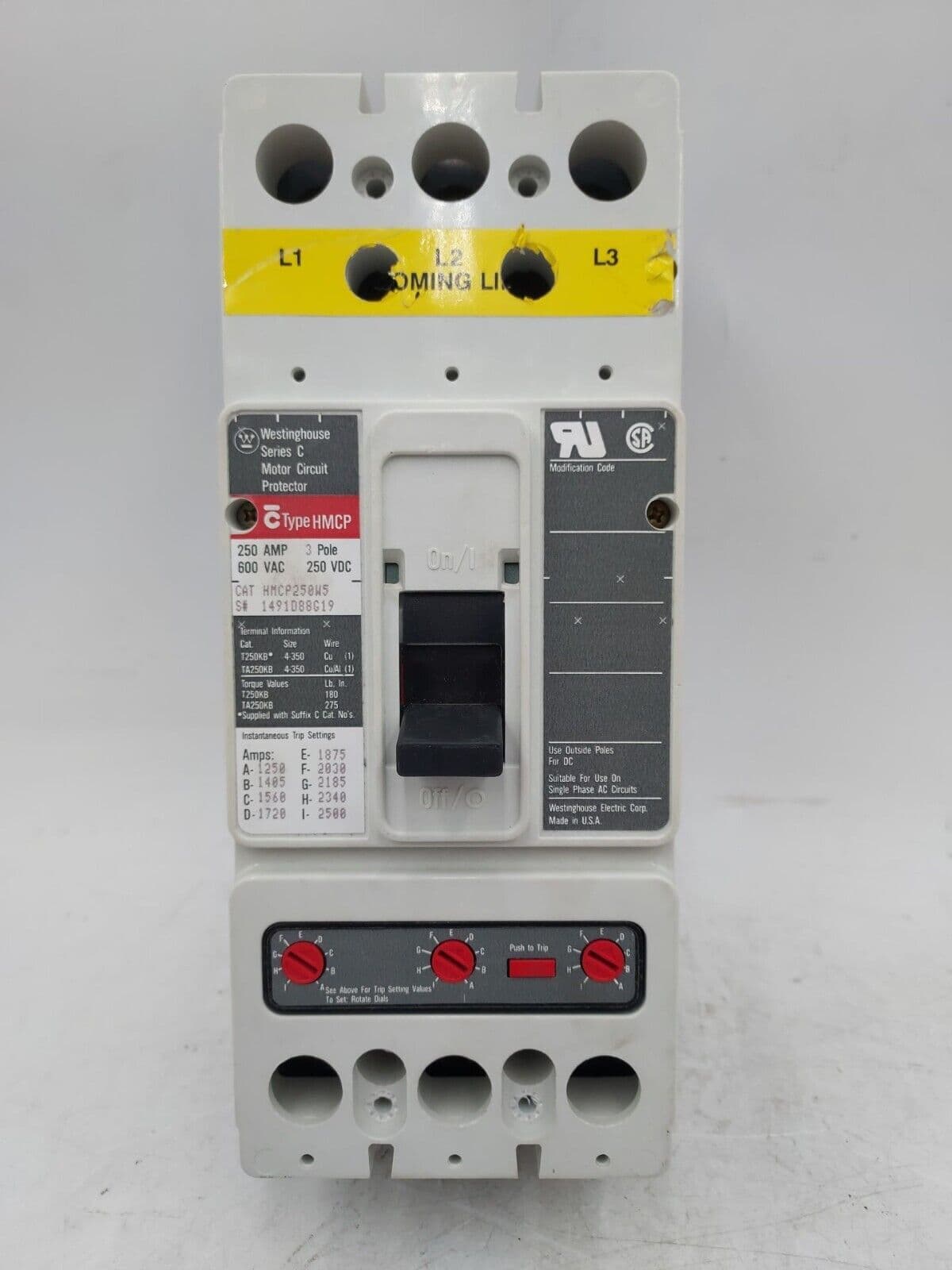 Eaton HMCP250W5 Circuit Breaker 250A 3P 600V 250 Amp 3 POLE BOLT ON – image 1