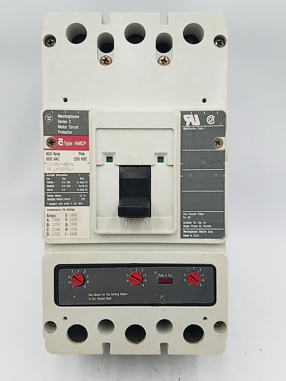 Westinghouse HMCP400X5W Circuit Breaker 400A 480V 3P – image 1
