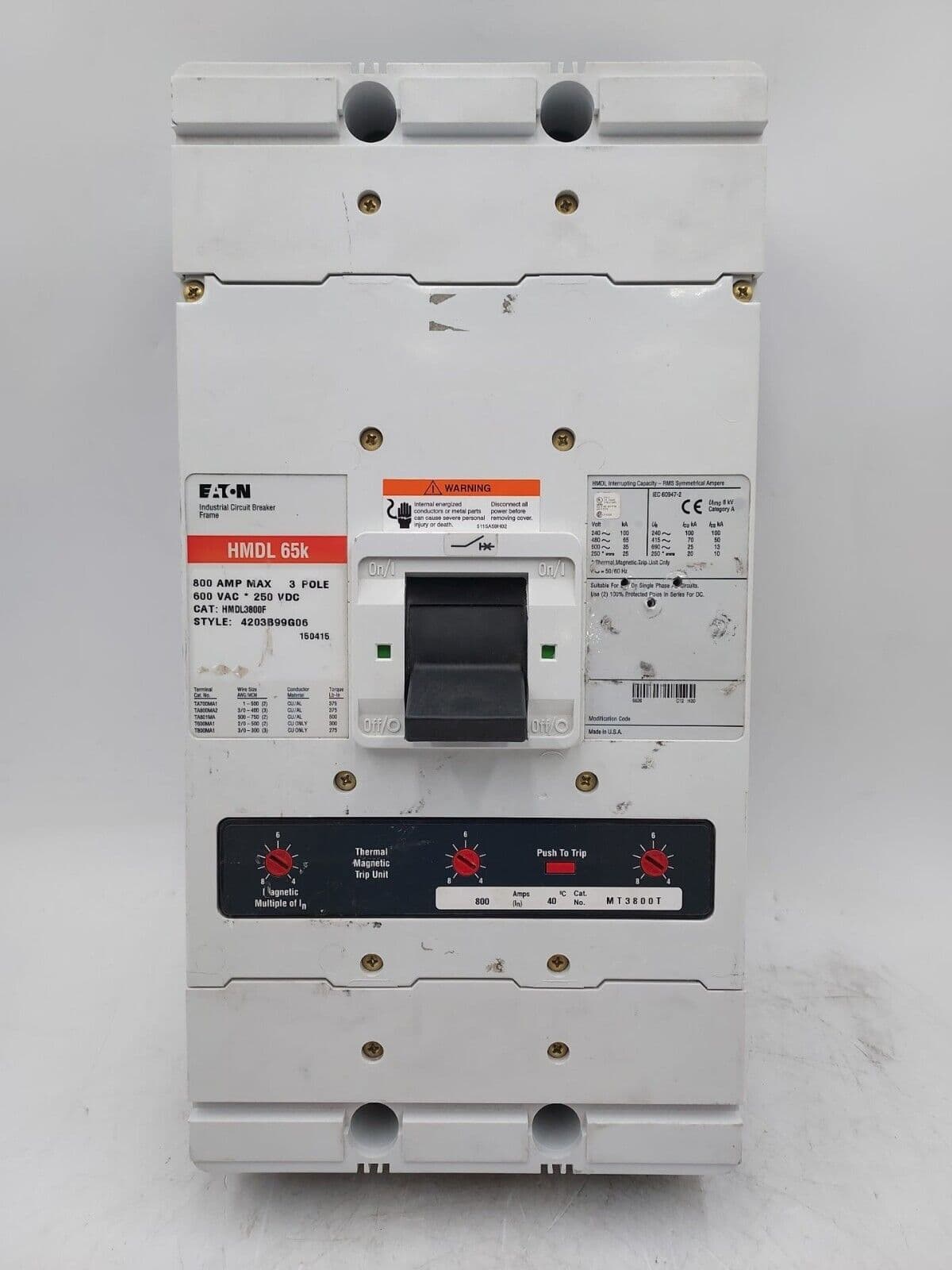 Eaton HMDL3800 Circuit Breaker 800A 3P 600V 65k 800 Amp w/ Aux Switch – image 1