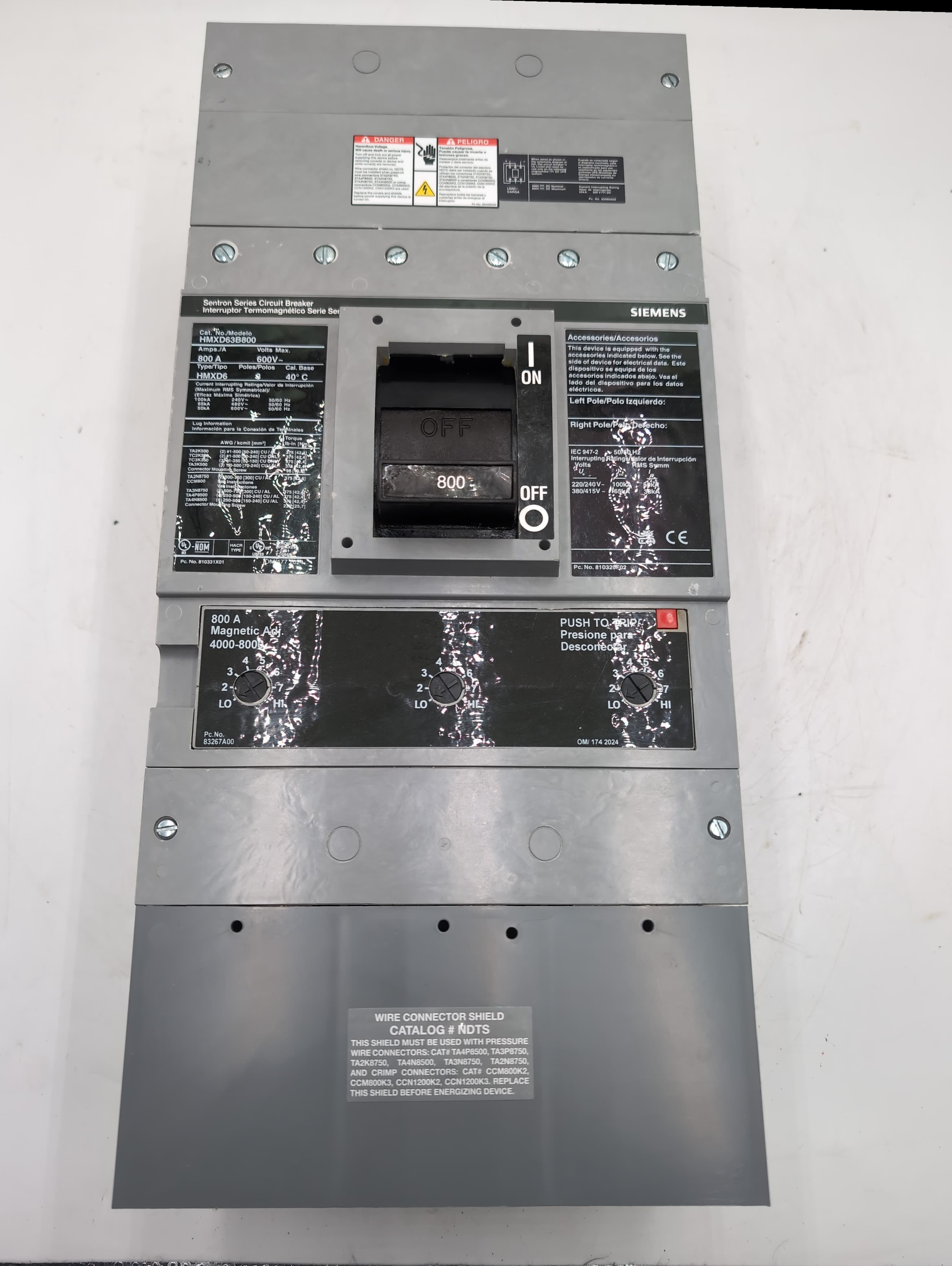 Siemens HMXD63B800 800A 3-Pole 600V 65k @ 480V Sentron MD6 Circuit Breaker Used