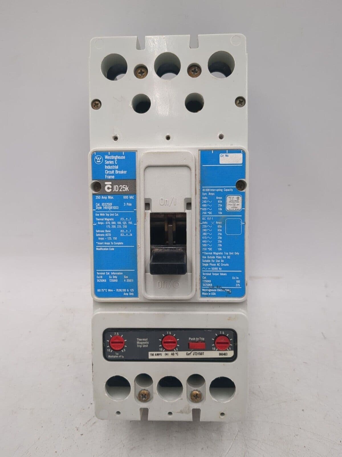 Eaton JD3150 Circuit Breaker 150A 3P 600V JT3150T Trip 150 Amp 3 Pole – image 1