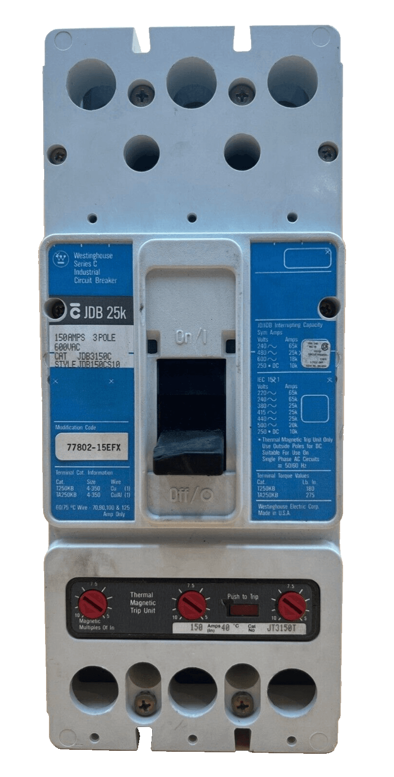 Cutler Hammer JDB3150C Circuit Breaker 150A 3P 600V 3PH JDB 25k 150 Amp