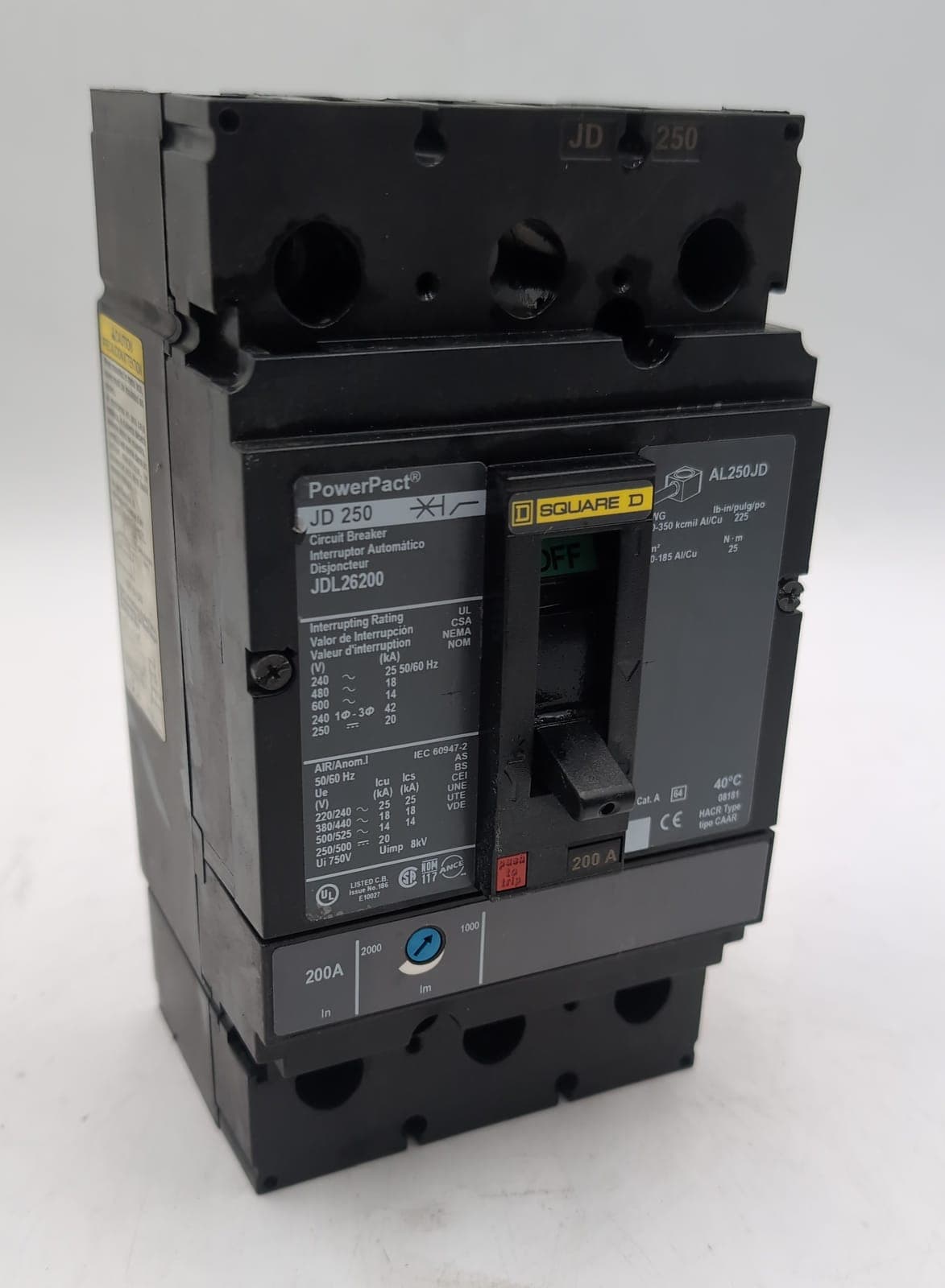 Square D JDL26200 PowerPacT J-Frame 200 Amp 2 Pole 600V Circuit Breaker 200A JDL