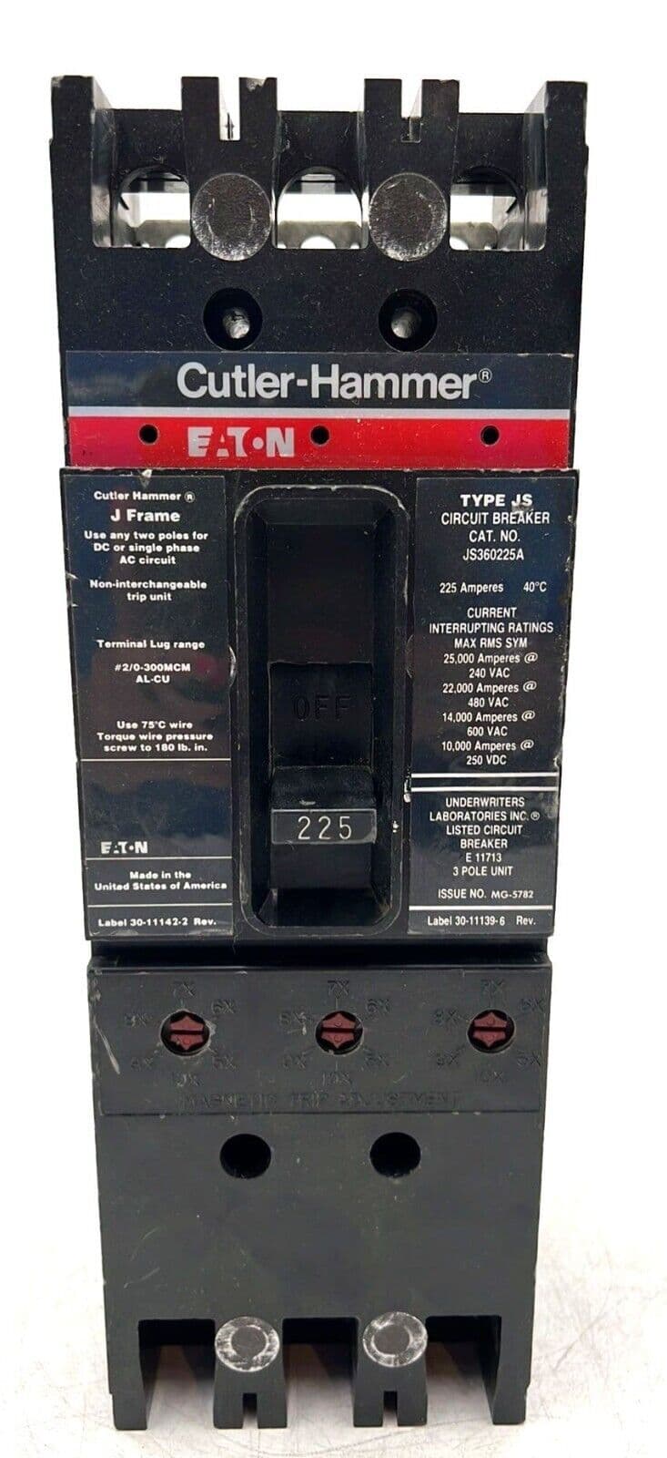 Cutler Hammer JS360225A Circuit Breaker 225A 3P 600V JS 225 Amp 3 Pole – image 1