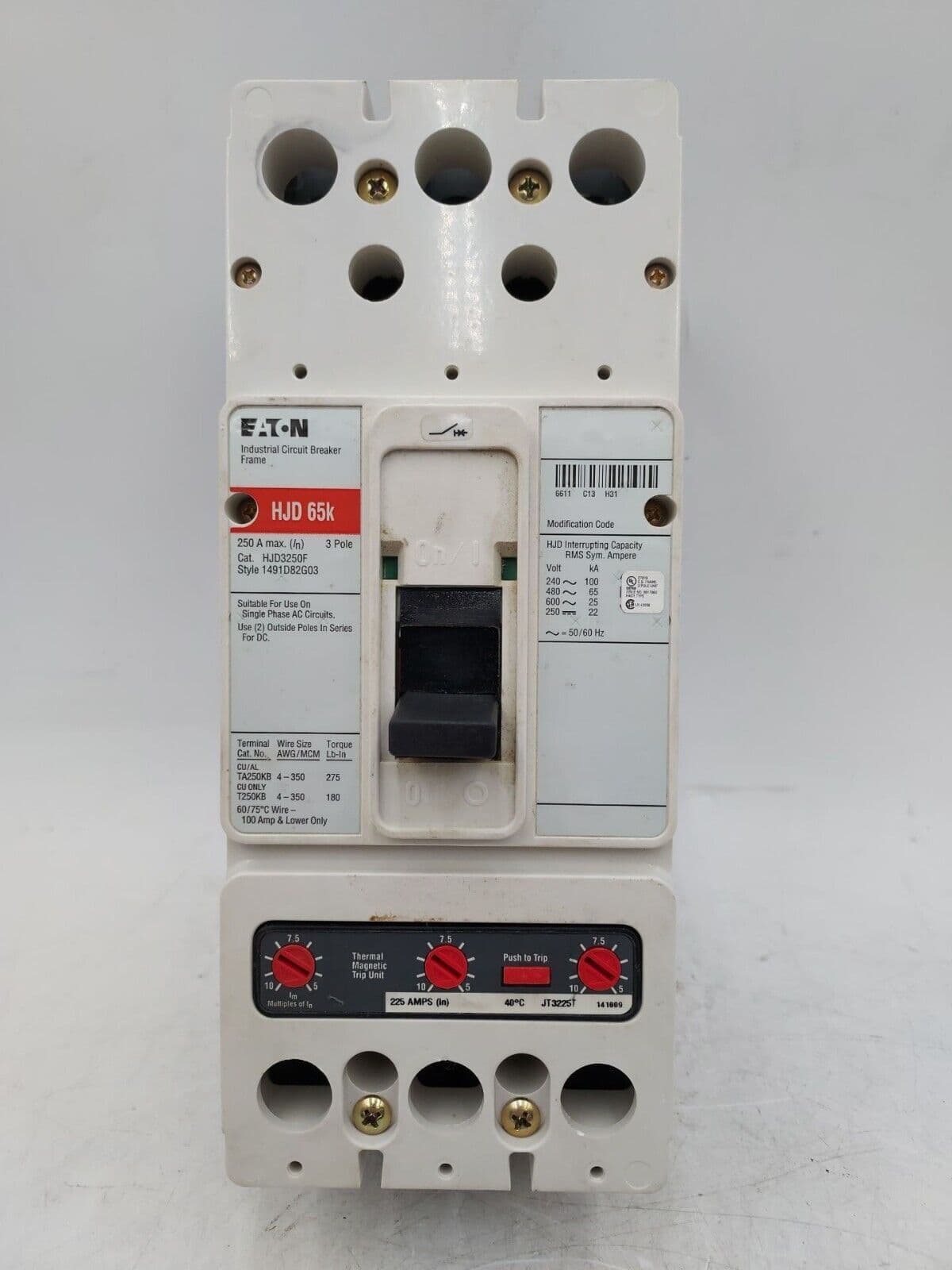 Eaton HJD3225 Circuit Breaker 225A 600V 3P JT3225T Trip 225 Amp BOLT ON – image 1