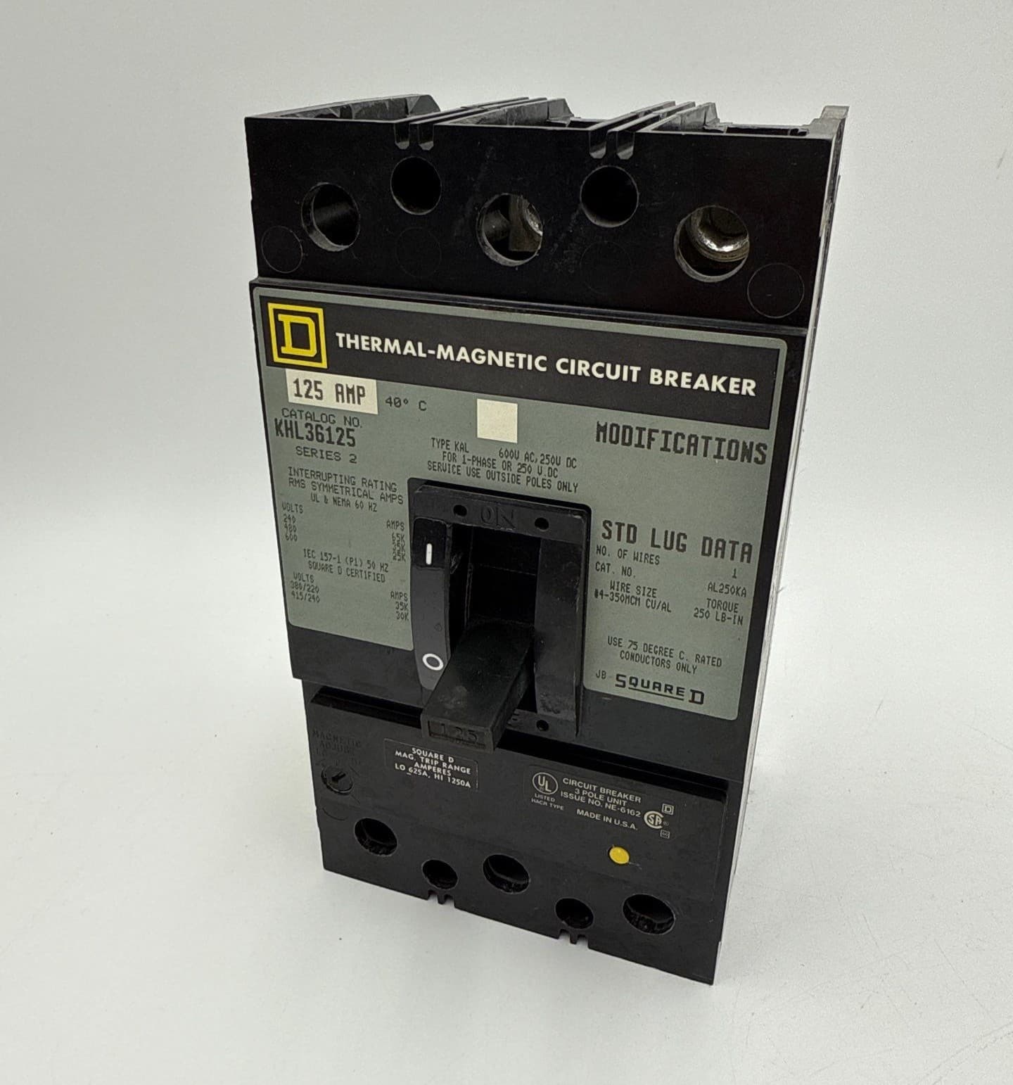 Square D KHL36125 Circuit Breaker 125A 3P 600V KAL 125 Amp 3 Pole Bolt On – image 1