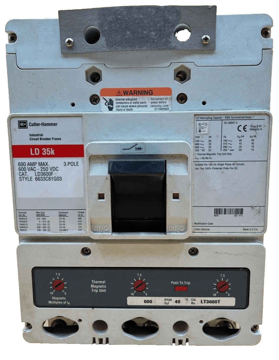 Cutler Hammer LD3600 Circuit Breaker 600A 3P 600V 3PH LD 35k 600 Amp 3 Pole