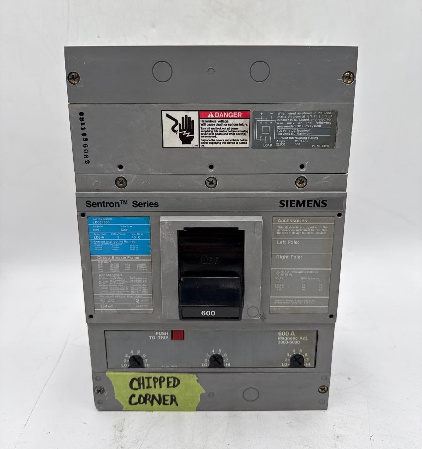 Siemens LD63B600 Circuit Breaker 600A 3P 600V 3PH LD6-A 600 Amp 3 Pole CHIPPED