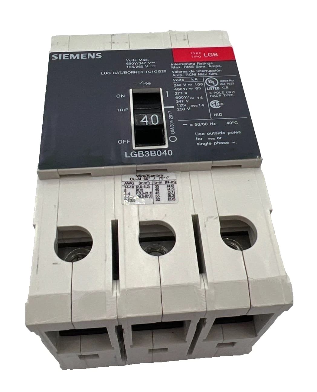 Siemens LGB3B040B Bolt On Circuit Breaker 3 Pole 40 Amp 600v LGB 40A 3P 600 Volt – image 1