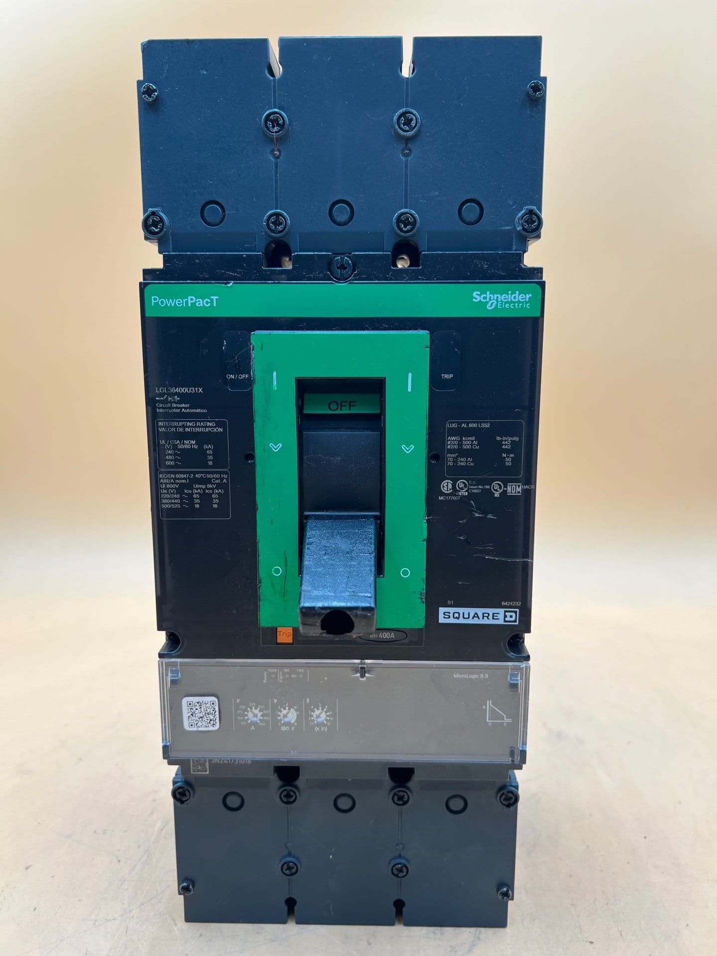 Square D LGL36400U31X Circuit Breaker 400A 3P 600V LGL 400 Amp 3 Pole PowerPact – image 1