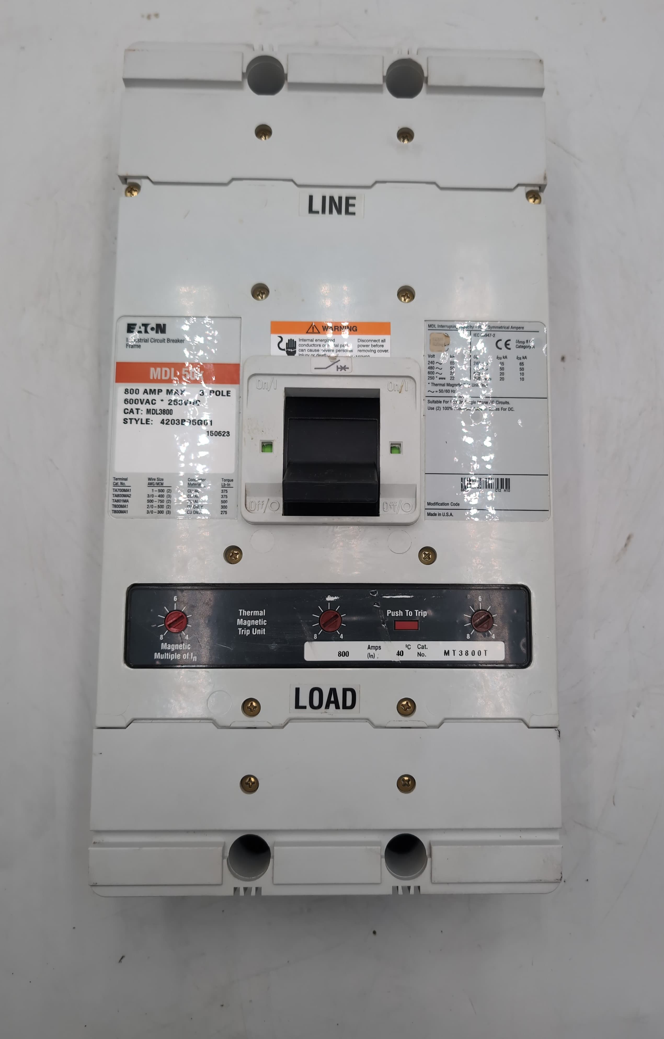 Eaton Cutler-Hammer MDL3800 800 Amp 3 Pole 600V Circuit Breaker Series C MDL – image 1