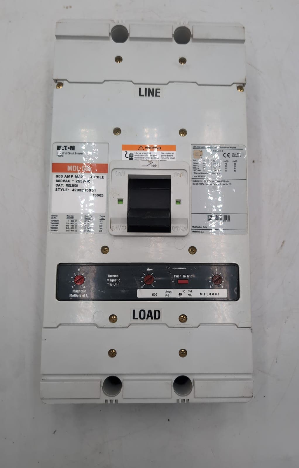 Eaton Cutler-Hammer MDL3800 800 Amp 3 Pole 600V Circuit Breaker Series C MDL