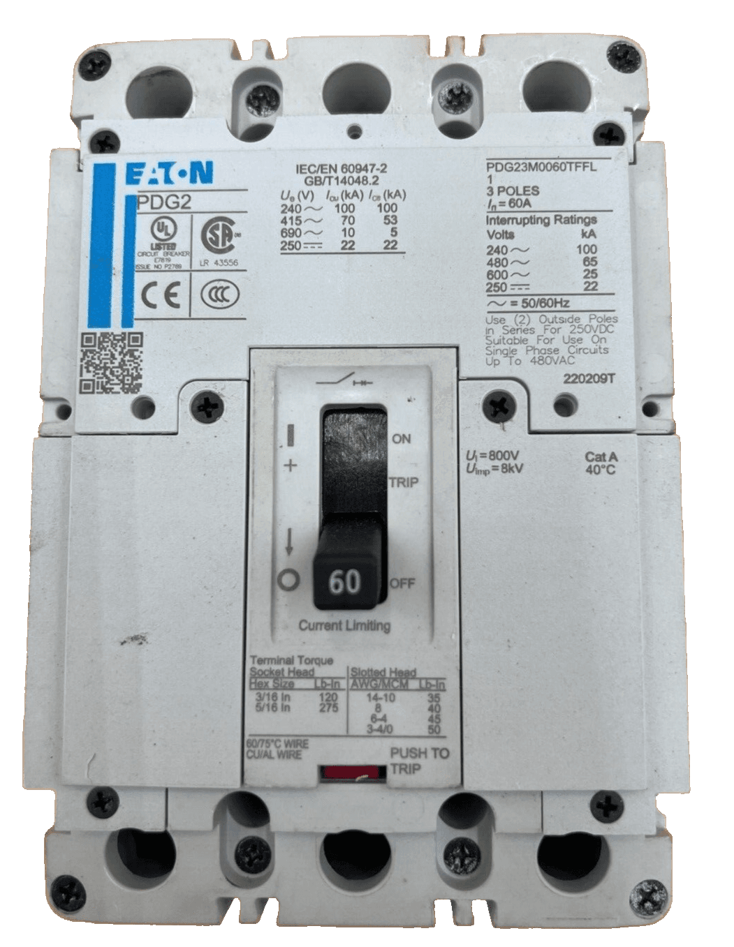 Eaton PDG23M0060TFFL Bolt On Circuit Breaker 60A 600V 3P PDG 60 Amp 3 Pole – image 1