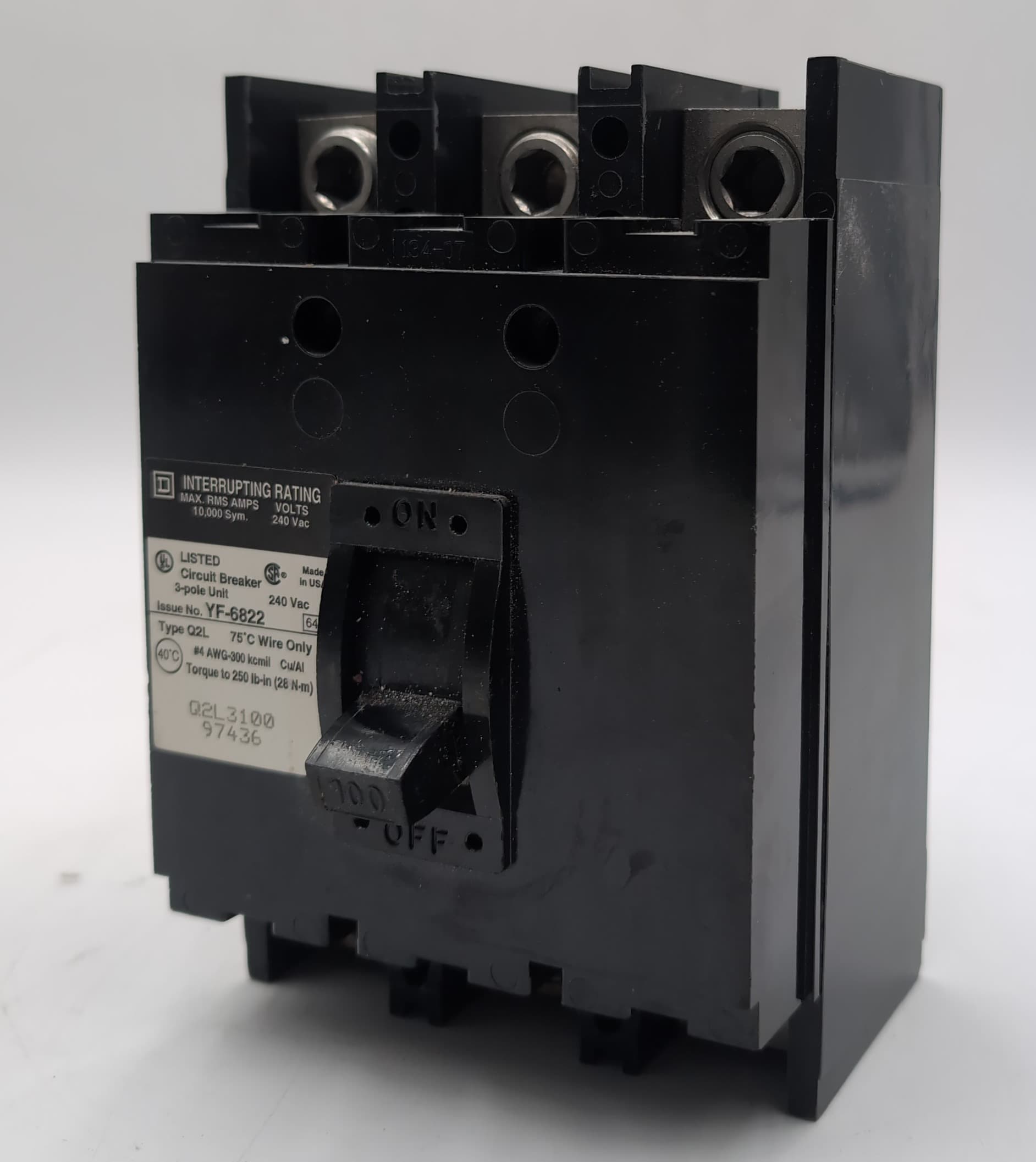 Square D Q2L3100 Circuit Breaker 100A 240V 3 Pole 100 Amp 240 Volt Q2L USED – image 1