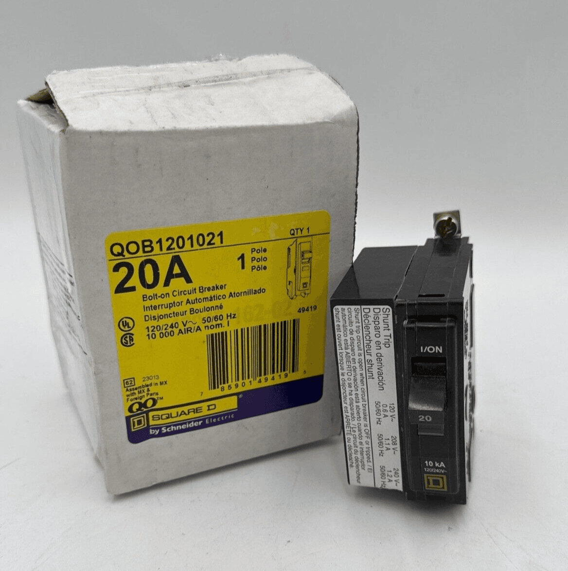 Square D QOB1201021 Circuit Breaker 20A 1P 120/240V QOB Bolt On 20 Amp Shunt Trip