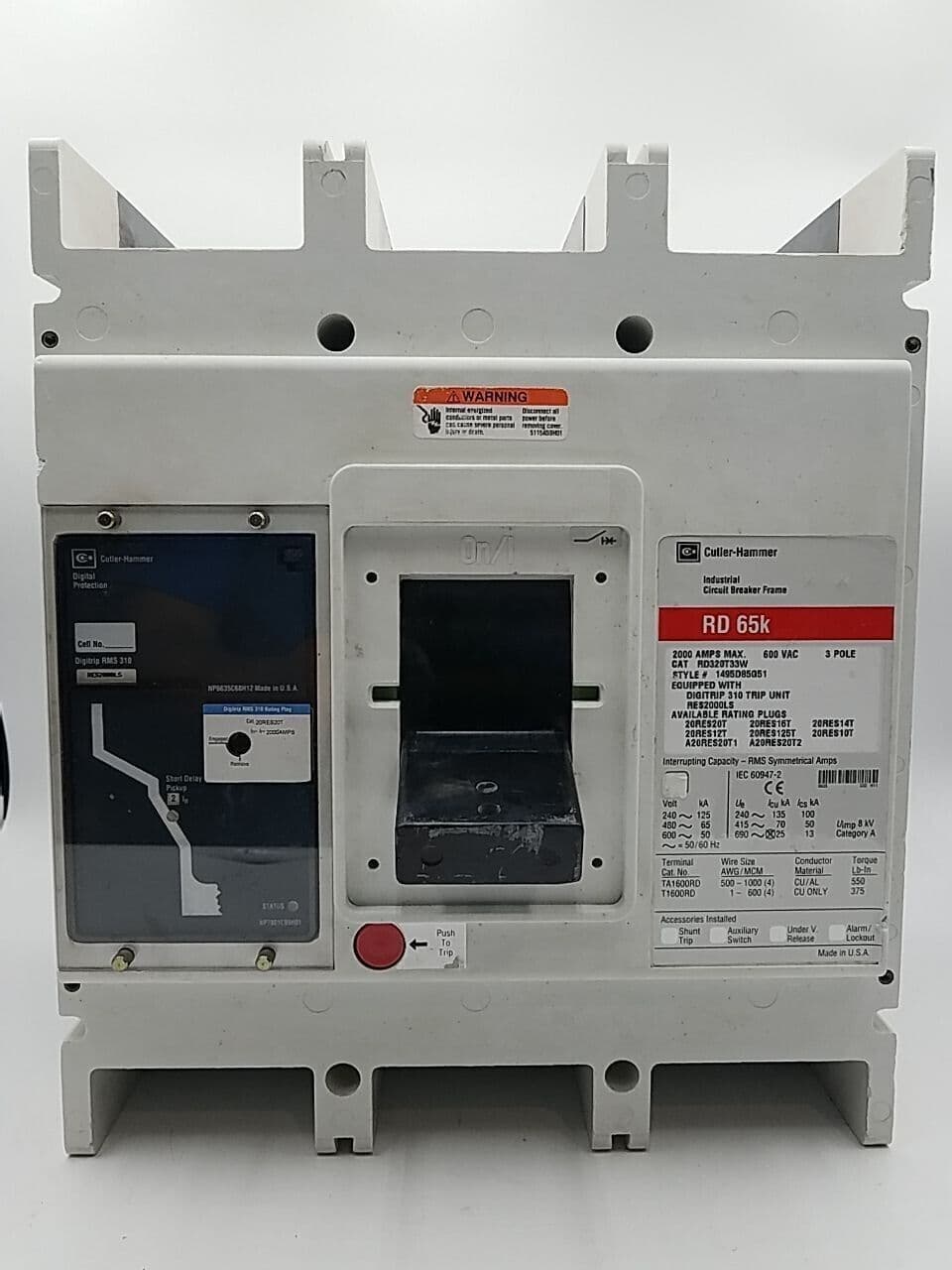 Cutler-Hammer RD320T33WCircuit Breaker 2000A 3P 600V RD 65K 2000 Amp – image 1