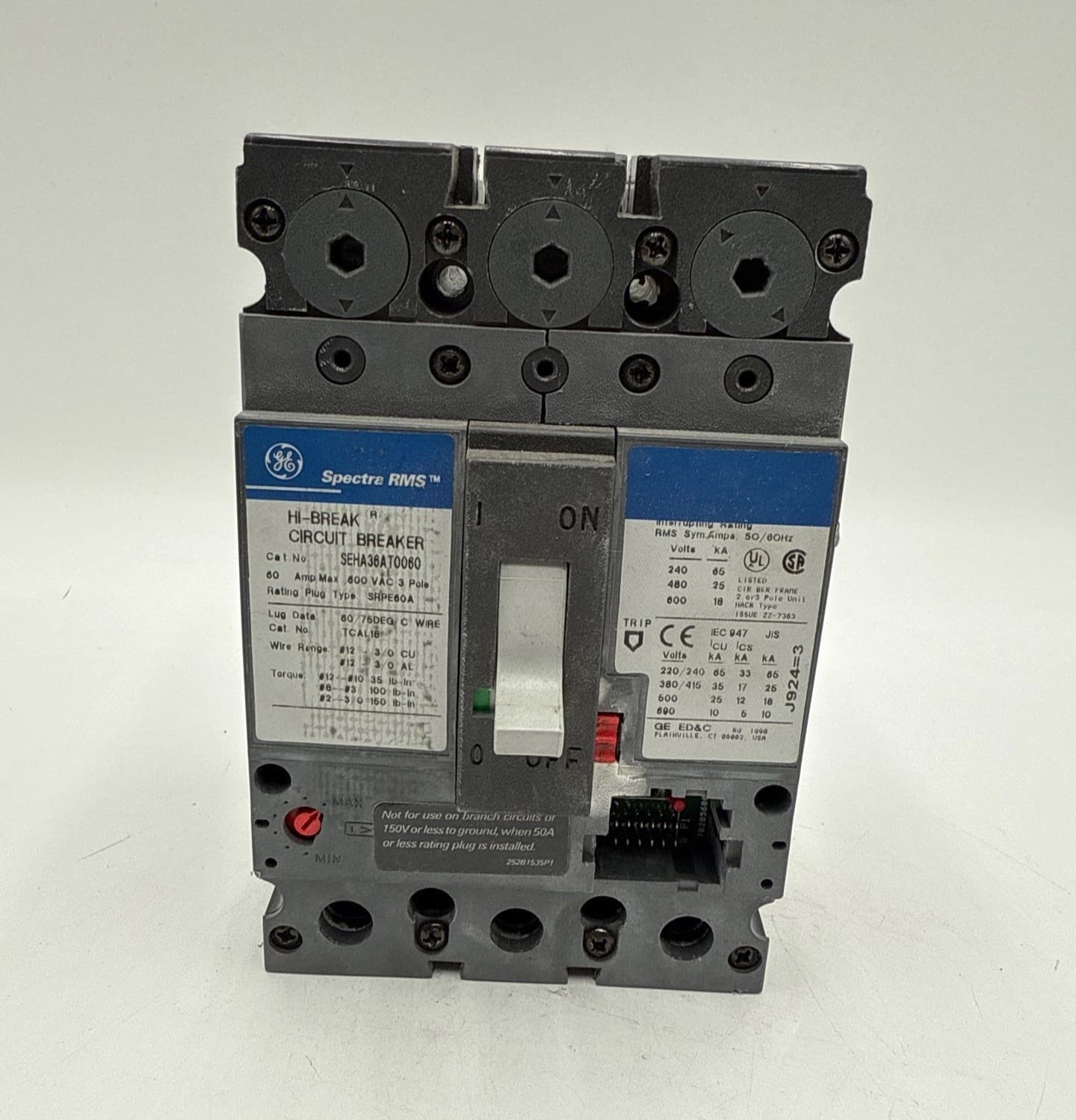 GE SEHA36AT0060 Circuit Breaker Frame 60A 3P 600V SEHA 60 Amp 3 Pole NO PLUG – image 1