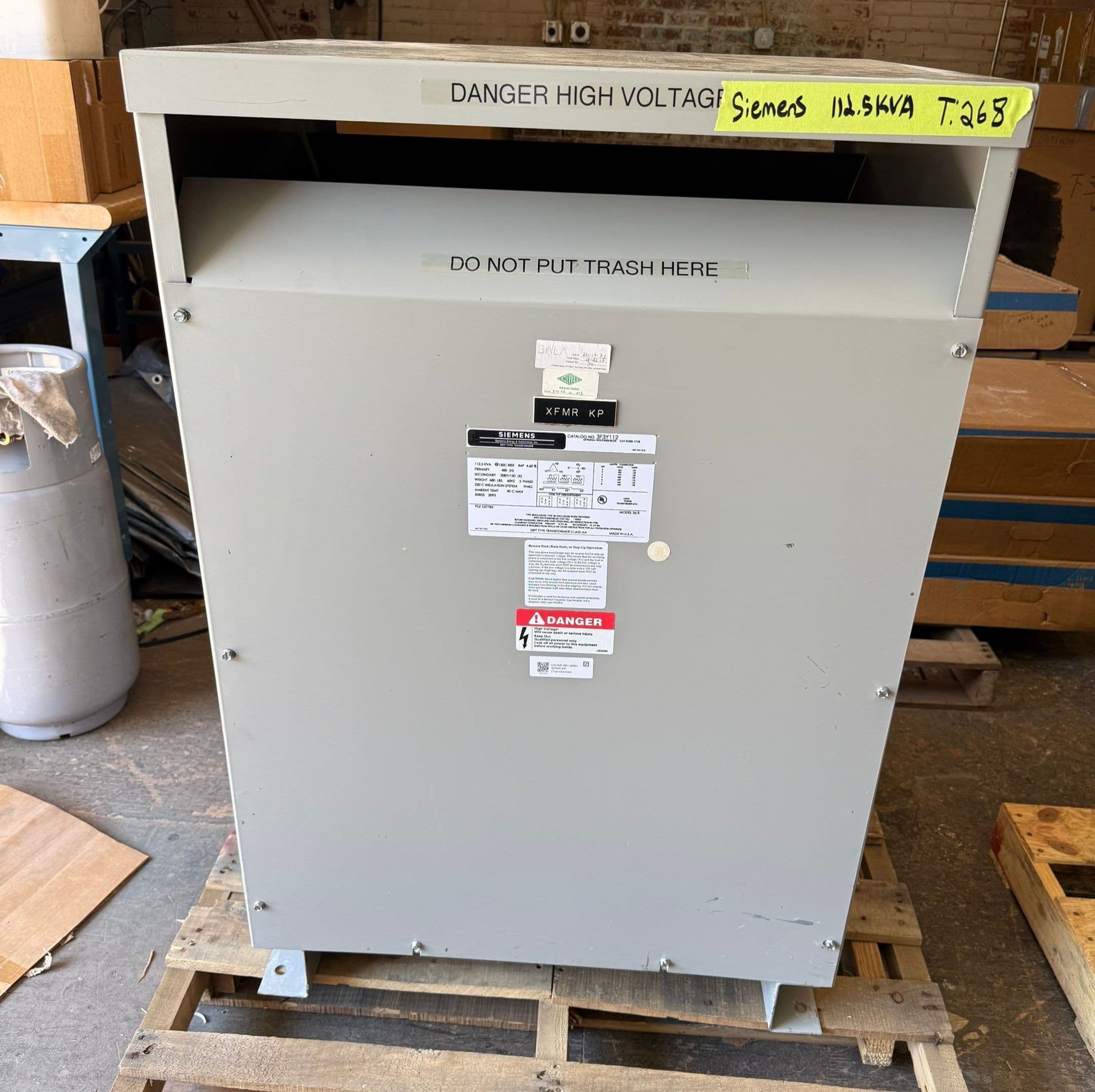 112.5kVA Siemens 3F3Y112 Transformer 3PH Pri 480V Sec 208/120V Indoor T268